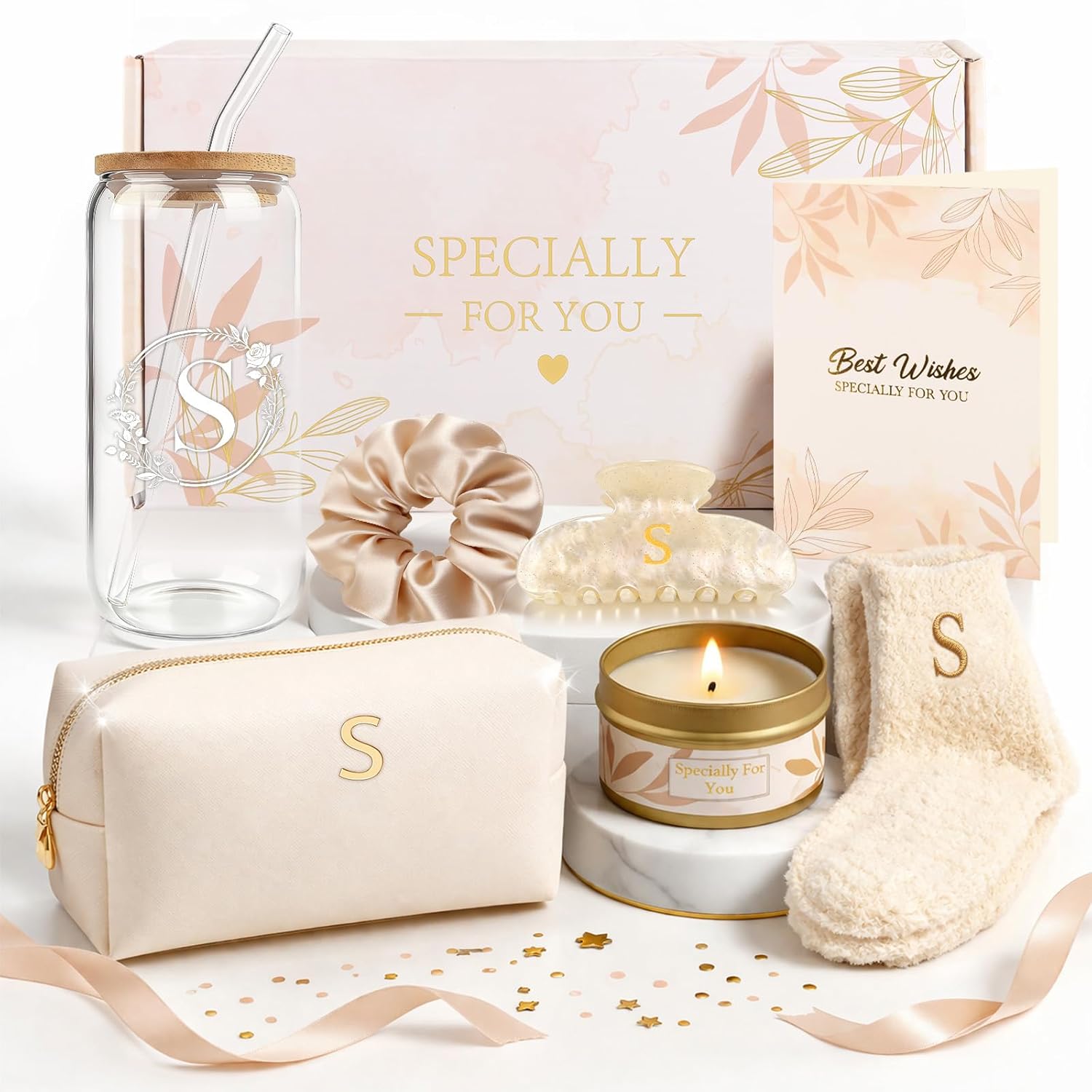 S Personalized Gifts for Women - Initial Cute Hair Clips + Glass Cups w/Lids Straws, Makeup Bag Monogrammed Gifts for Women，Unique Ideas Birthday Gift for Her, Christmas & Bridesmaid Gifts