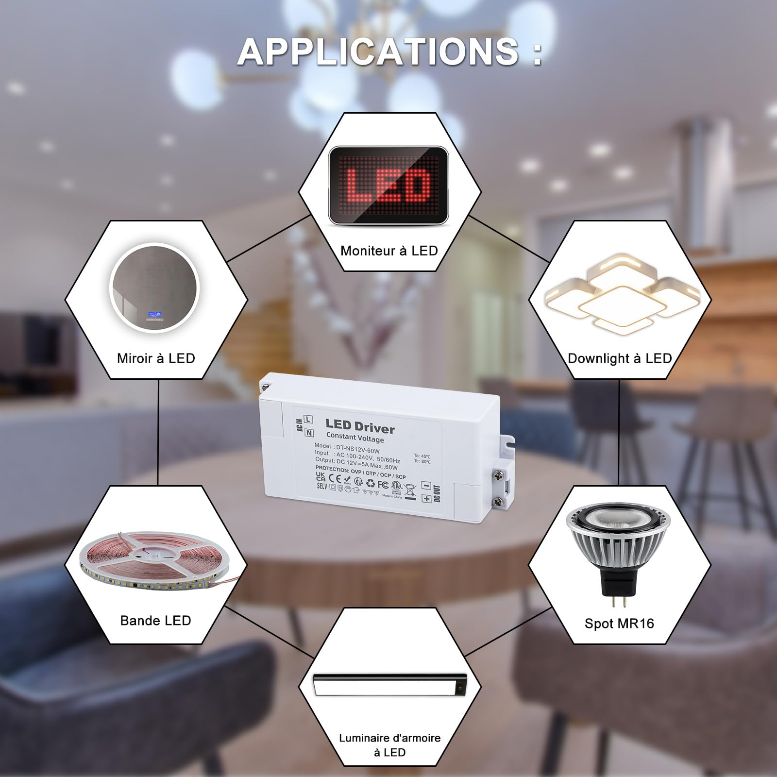 YAYZA! Transformateur LED 12 V, 0,63 A Transformateur LED 60 W, convertisseur 230 V vers 24 V DC