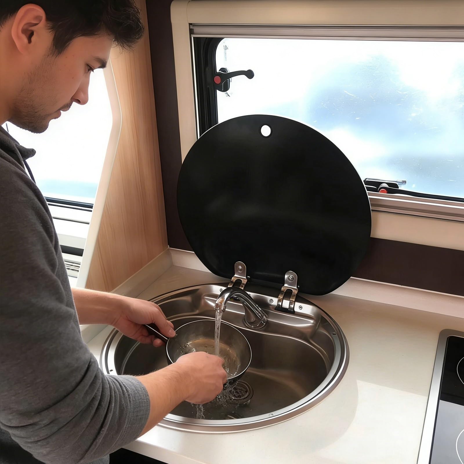 Fregadero Portatil Camping Redondo, Acero Inoxidable 304, Lavabo Caravana con Tapa de Vidrio Reforzado, Incluye Conjunto de Desagüe, Apto para Remolques Camper