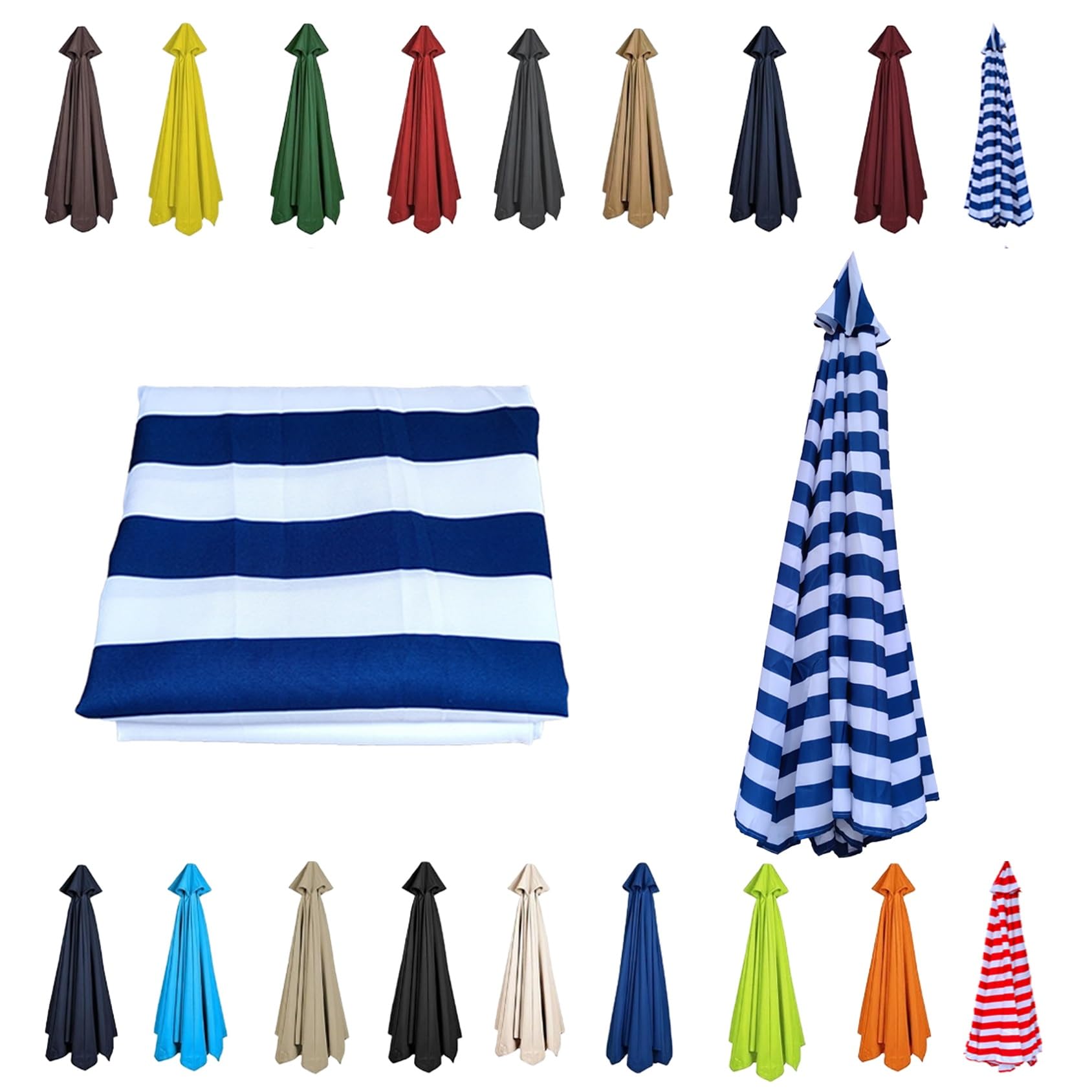 CMJYMX 6/8 Arms Patio Replacement Parasol Canopy | Sun Umbrella Replacement Cloth 230cm/270cm/300cm | Waterproof Umbrella Replacement Top Shade Fabric Cover(Blue+white,8 RIBS: 230CM/7.5FT)