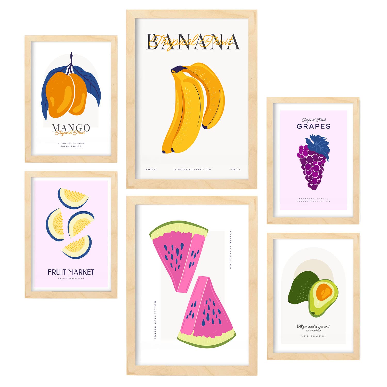 Nacnic Set mit 6 Lebensmittel- und Ernährungs Postern. Sommerfrüchte. Natur- und Ernährungsposter für Innenarchitektur und Dekoration. A3 & A4 Holzfarbe Rahmen.
