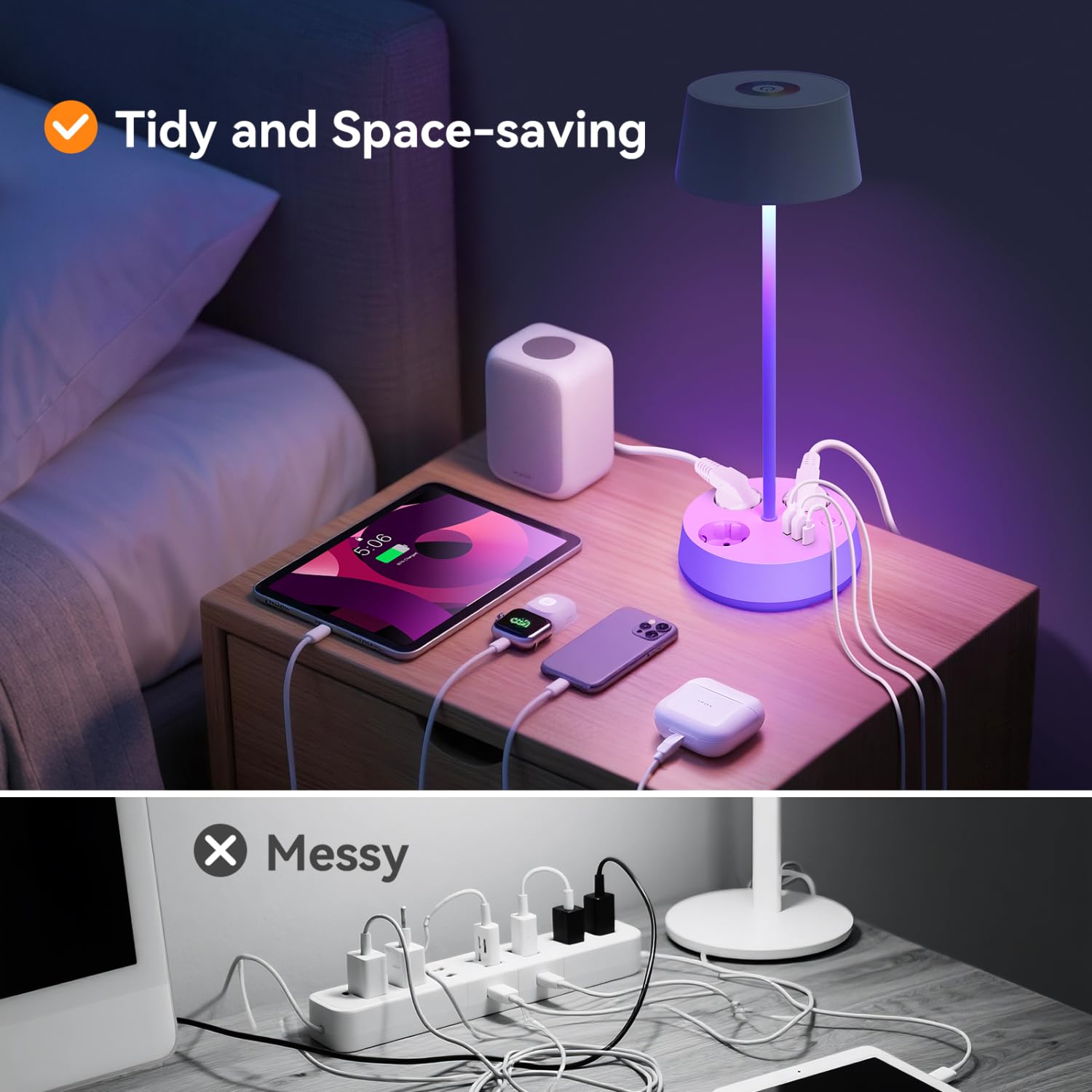 Aigostar 2 Stück Schreibtischlampe mit Stecker und Steckdosen, USB- und Typ-C-Ausgang, Touch-Tischlampe, 3 Farbtemperaturen + RGB, einstellbare Helligkeit (Weiß)