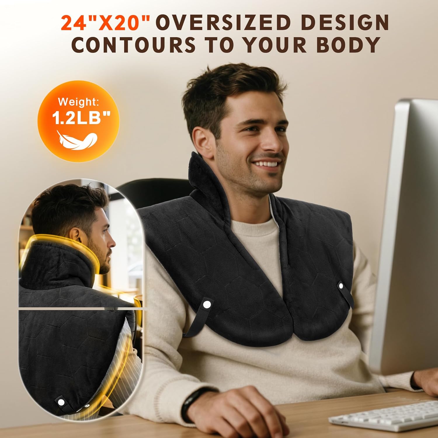 Heating Pad for Neck and Shoulders and Back, 30s Fast Heating Pads for Pain Relief,160℉ Ergonomic Heated Wrap with 8 Temp & 16 Auto-Off Timers, Gifts for Women Men (Dark Black) - Image 4