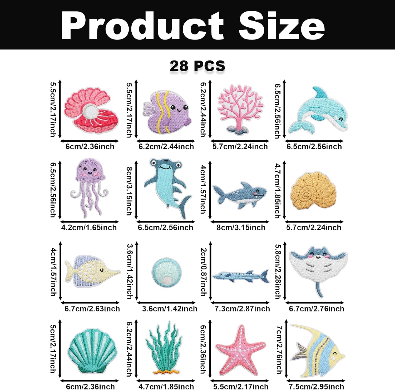 28PCS Marine Life Embroidery Iron on Patches, 28 Sea Creature Designs Sew on Appliques, Cute Ocean Animal Theme Embroidered Patches for Clothing Jackets Jeans Backpacks Hats & DIY Sewing Crafts