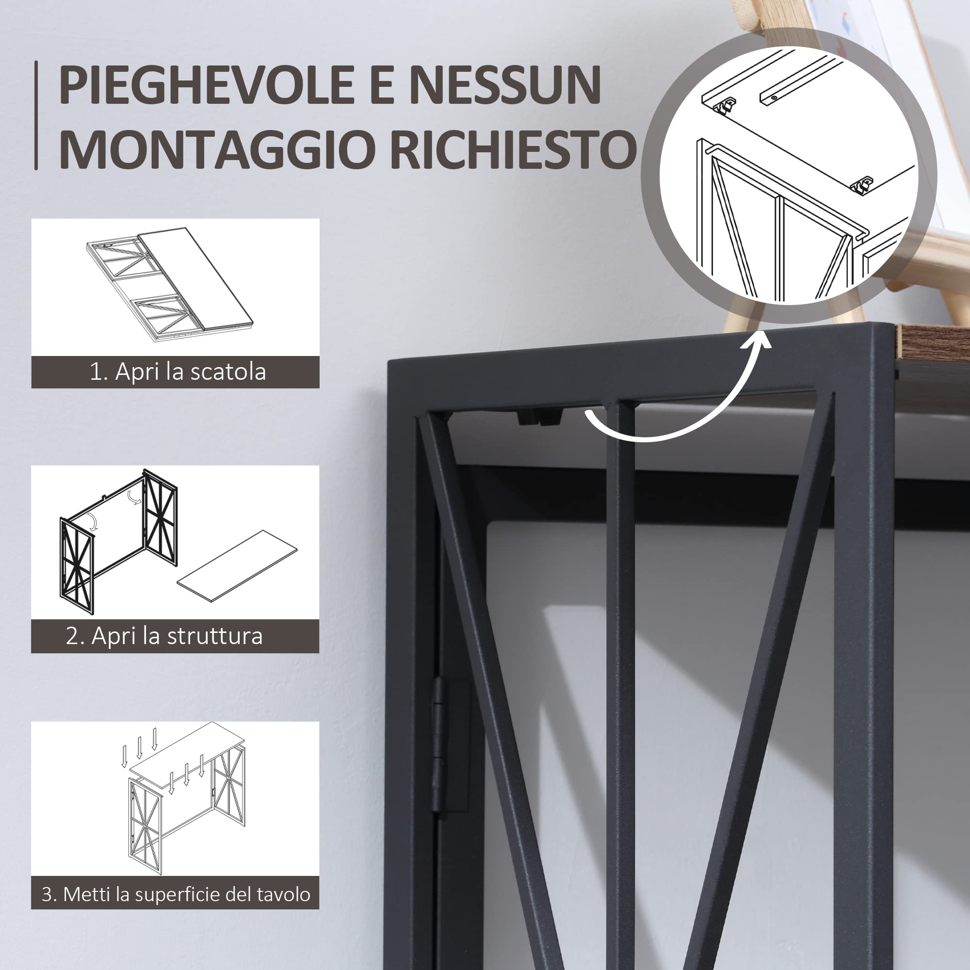 HOMCOM Tavolo Consolle da Ingresso in Stile Industriale, Tavolino Pieghevole Salvaspazio in Legno e Metallo, 100x38x80cm, Marrone