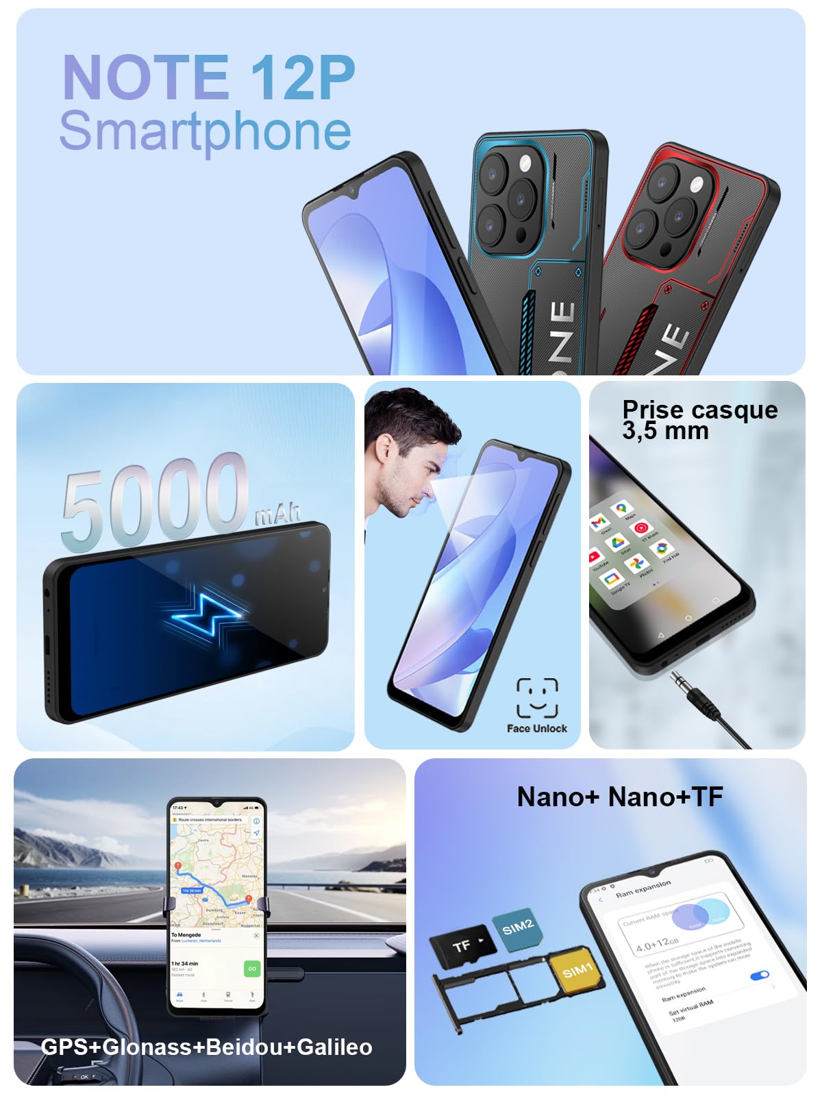 invens Note 12P Téléphone Portable Pas Cher, Écran 6.6" HD+, Caméra 48MP+8MP, Batterie 5000mAh, 16GB RAM 128GB ROM, Android 15 Smartphone débloqués, Double SIM + TF, Face ID/Empreinte, Bleu Cyber