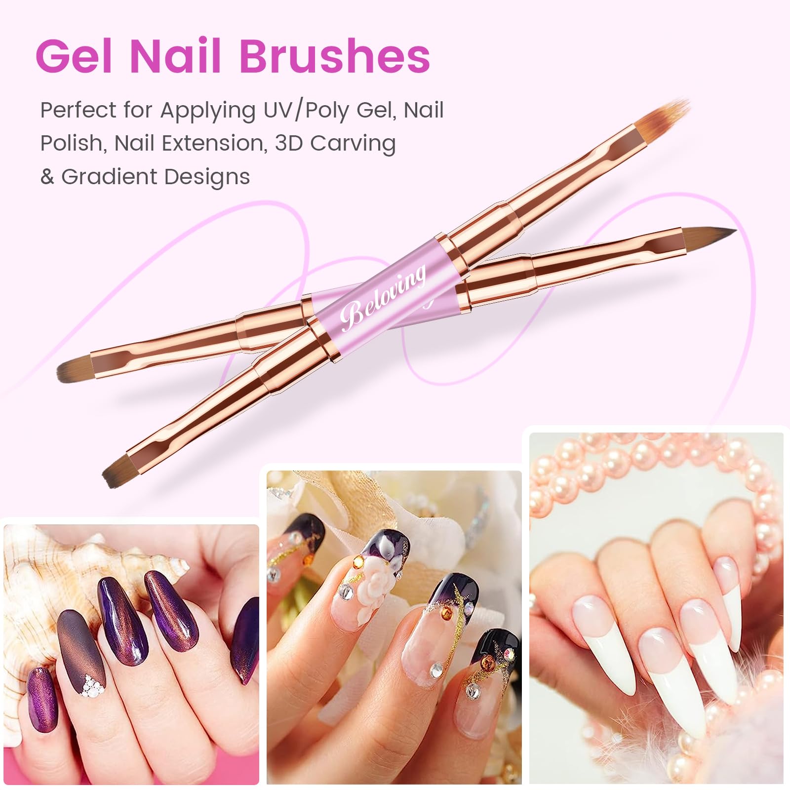 5 Pennelli Unghie Gel, Set Pennelli Per Nail Art e Disegni Unghie, Doppia Faccia Pennello Per Gel Unghie Ricostruzione, Smalto UV, Ombré, Pennelli Liner Con Coperture Protettive, Viola
