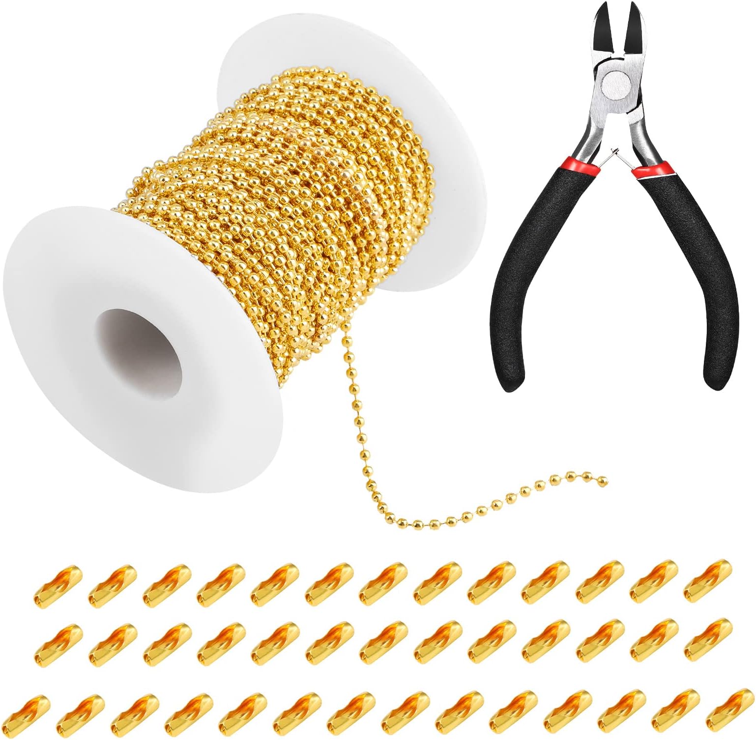 Mudder 65 ft Ball Necklace Chains, 2. 4mm Bead Link Dog Tag Chain Roll with 40 Ball Connectors and Plier for Necklace Hanging Ornament Key Chain Dog Pet Tags(Gold)