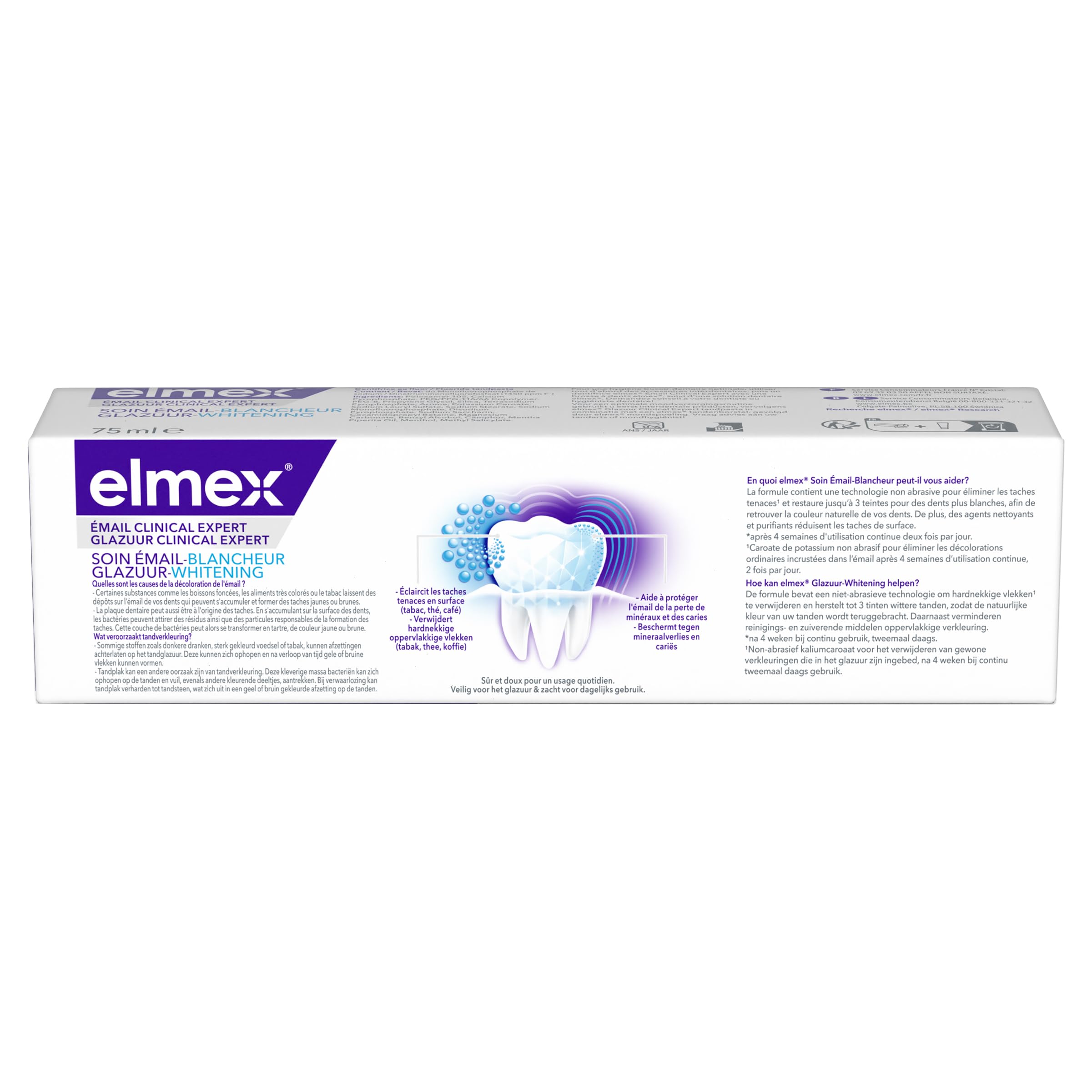 ELMEX - Dentifrice elmex® Émail Clinical Expert Soin Émail Blancheur - Dents jusqu'à 3 teintes plus blanches* - Protège l'émail - Lot de 12 x 75 ml