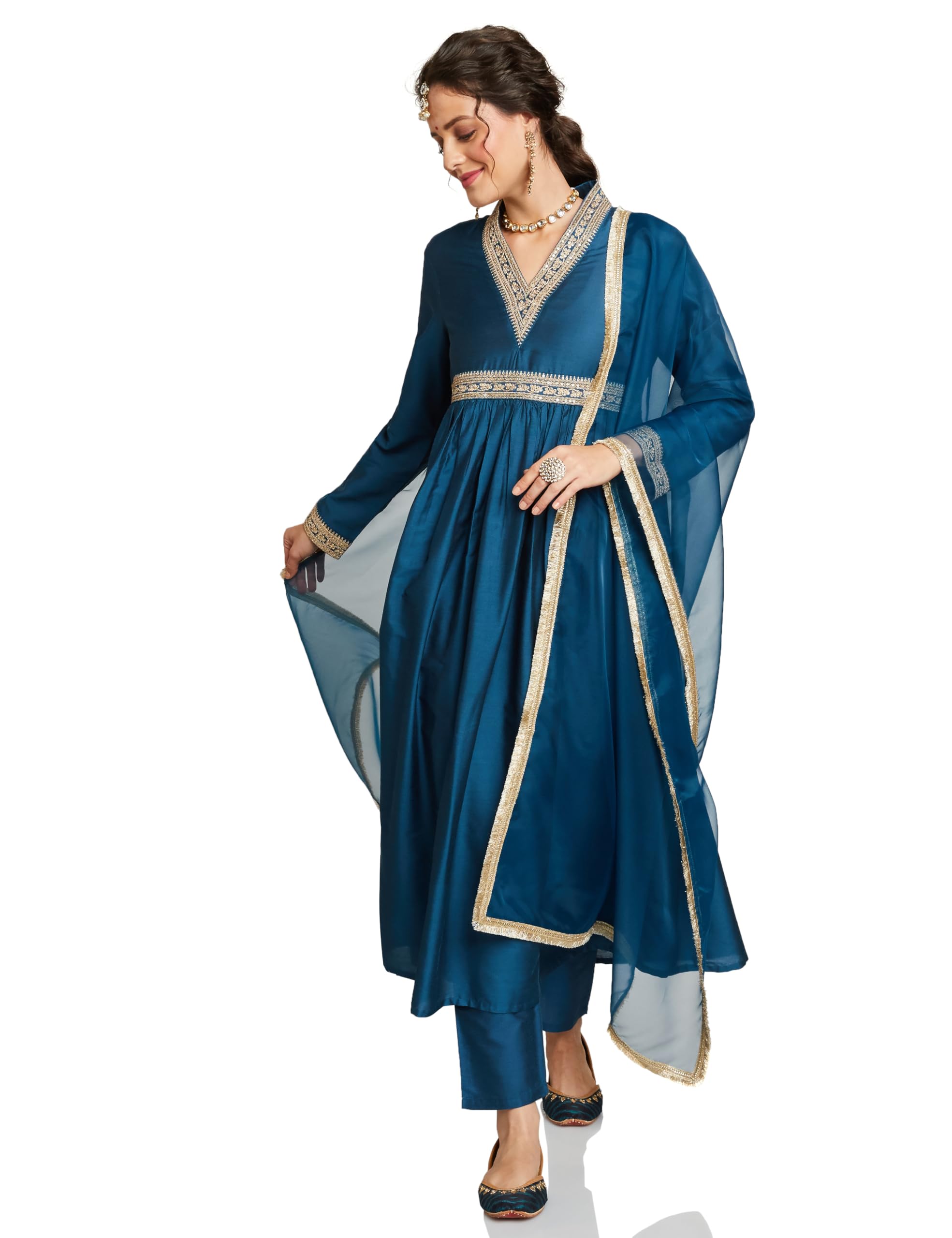 amazon brand - myx Women's Embroidered Anarkali Kurta Pant Set with Organza Dupatta | Salwar Suit-picture-40