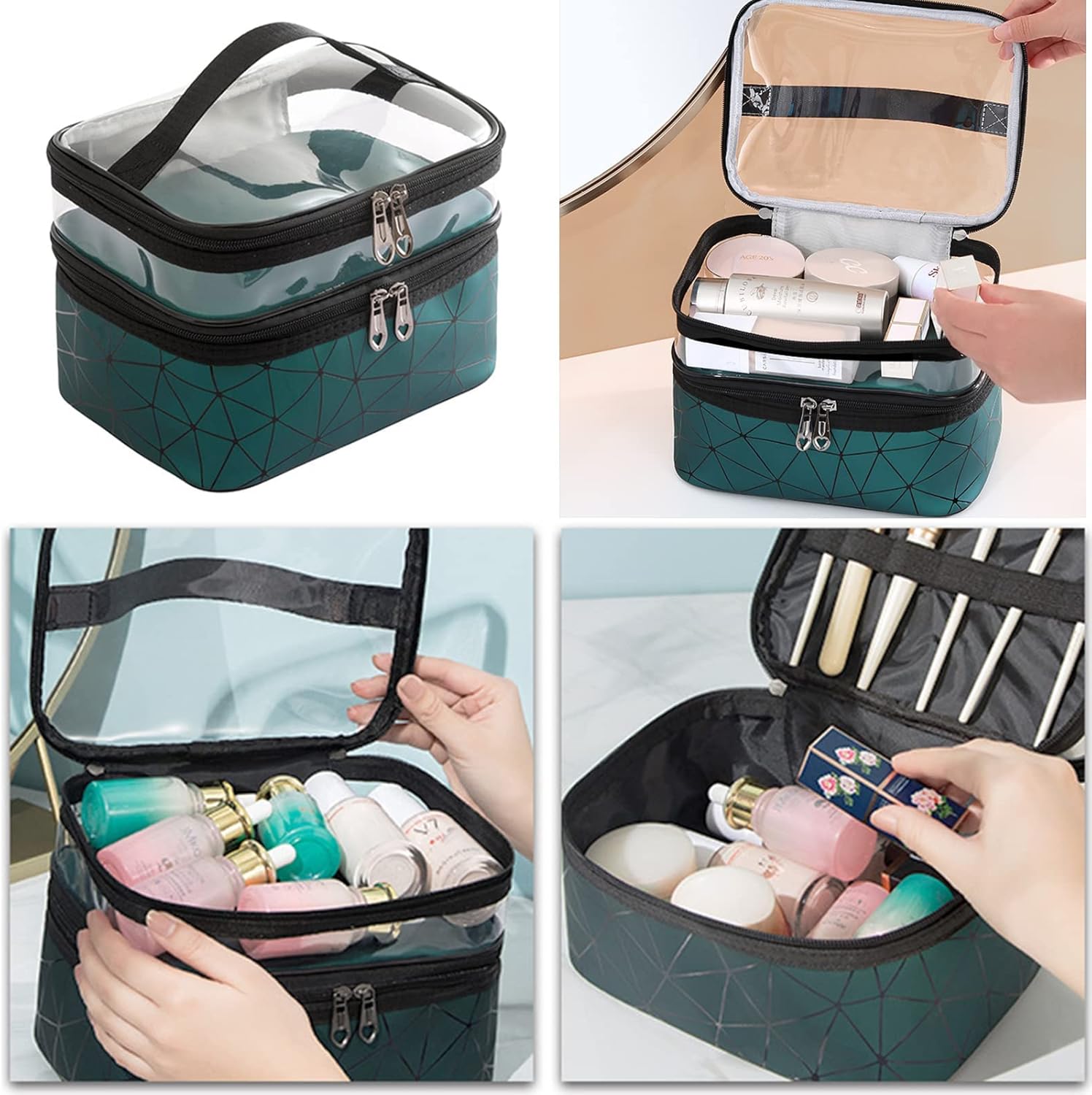 3Pcs Cosmetic Bag for Women Double layer Geometric Travel Makeup Case Portable Travel Makeup Bags Set Makeup Organizer Cosmetic Travel Bag Gifts for Women (Dark Green) : Beauty & Personal Care