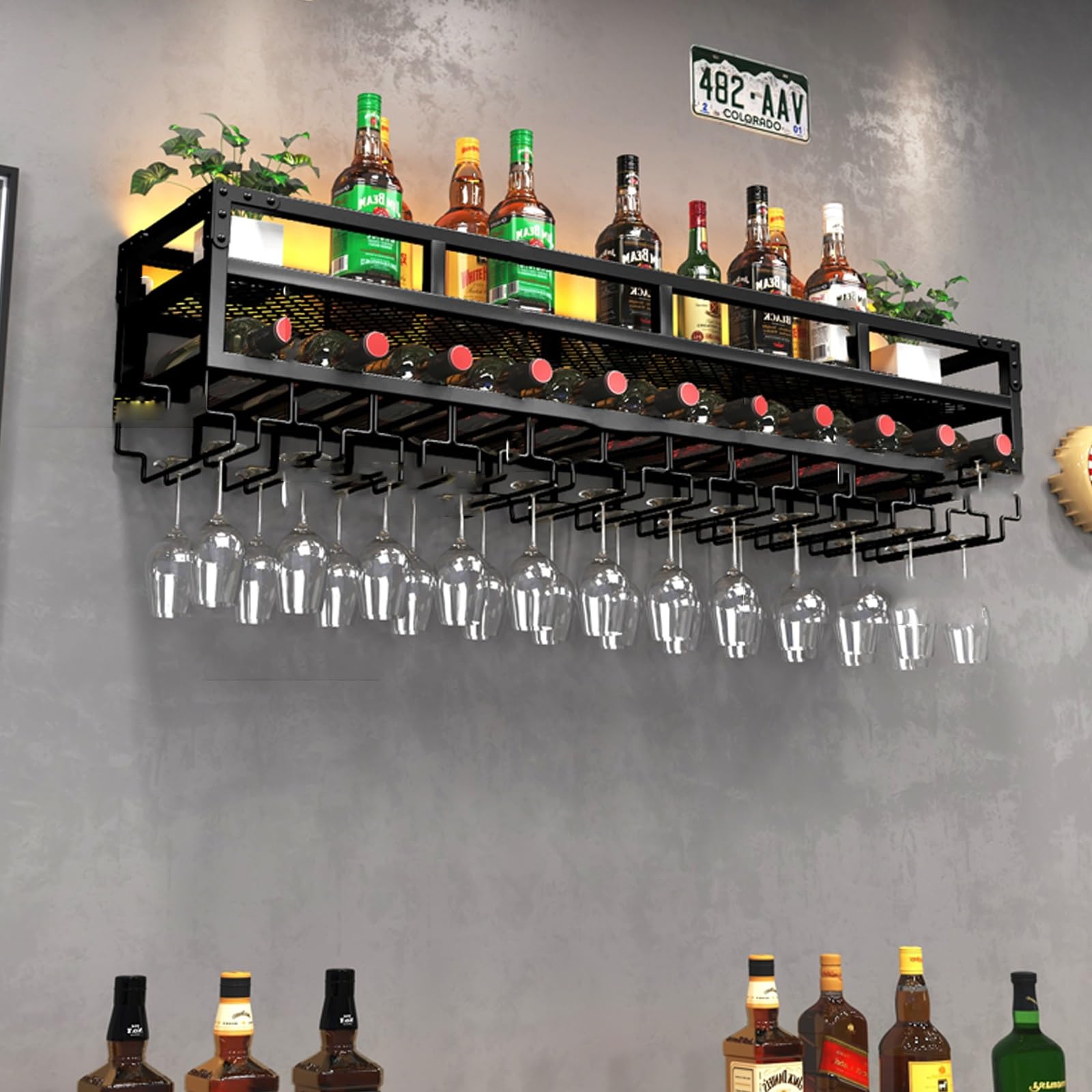 Porte-bouteille en fer mural anti-poussière avec support verres suspendus et LED