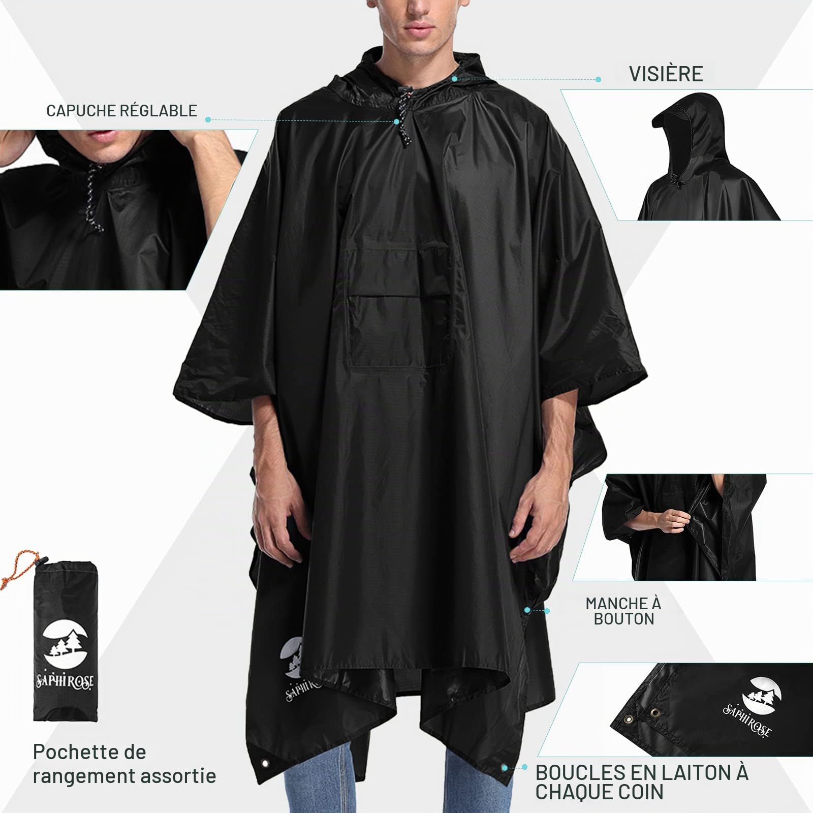 SaphiRose PONCHO Pluie, 3-en-1 Impermeable en Polyester Poncho, Multi-Fonctionnel Adulte d'Extérieur Cape-Poncho,Parasol,217 x 143cm