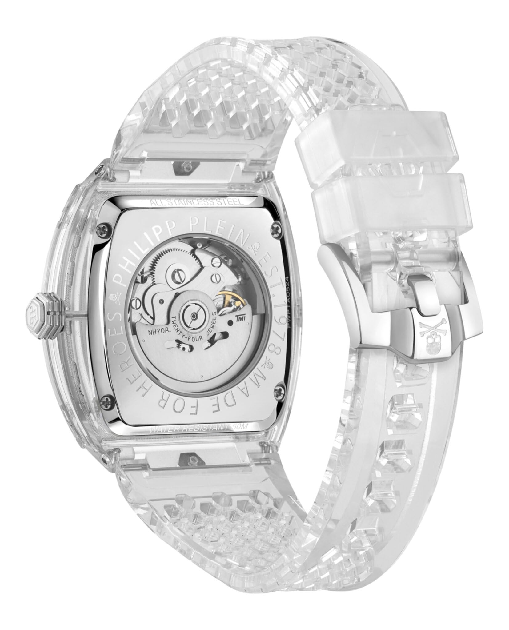 Philipp Plein The $keleton Crystal Collection Luxury Mens Watch Timepieces with a Transparent Strap and Case Featuring a Silver Dial