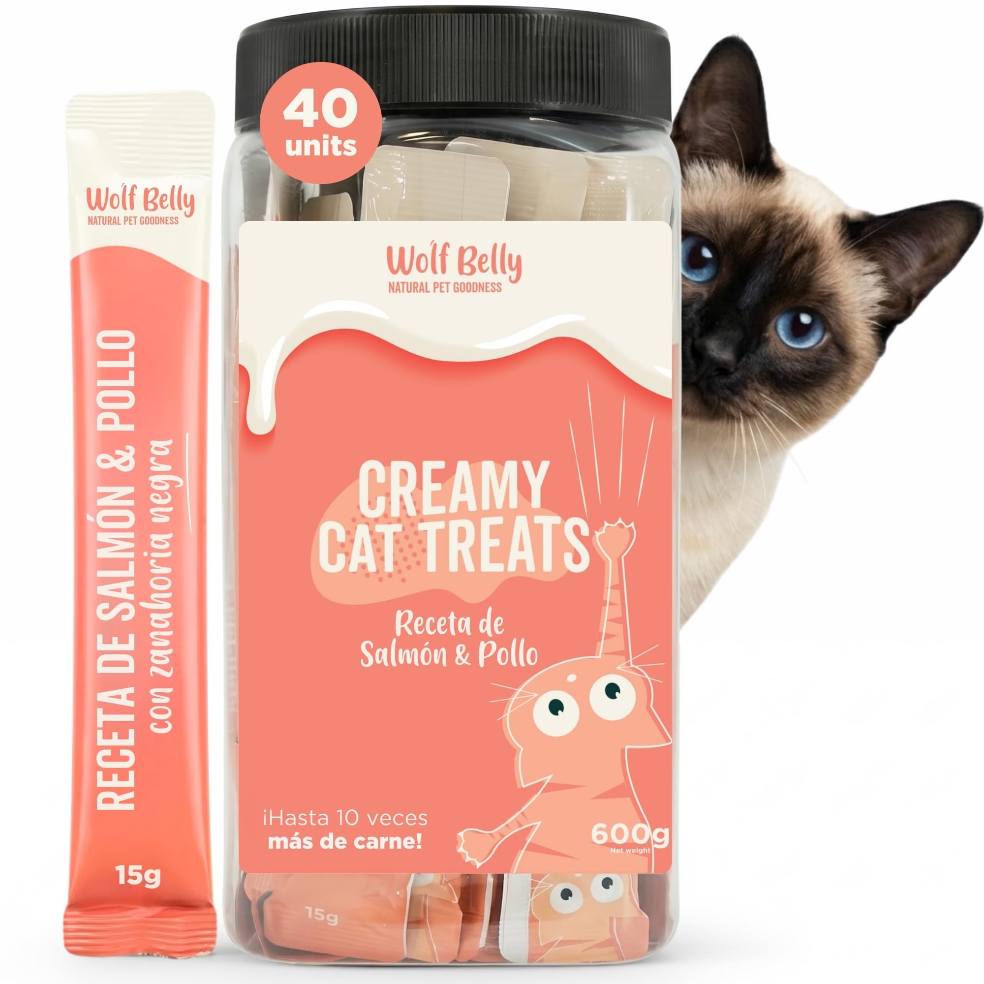 Wolf Belly - Snacks Gatos de Salmón y Pollo (40 uds x 15g) Textura Cremosa | Chuches Saludables y Deliciosas | Altos en Proteínas y Omega 3 | Sin Cereales ni Colorantes Artificiales - Hecho en España