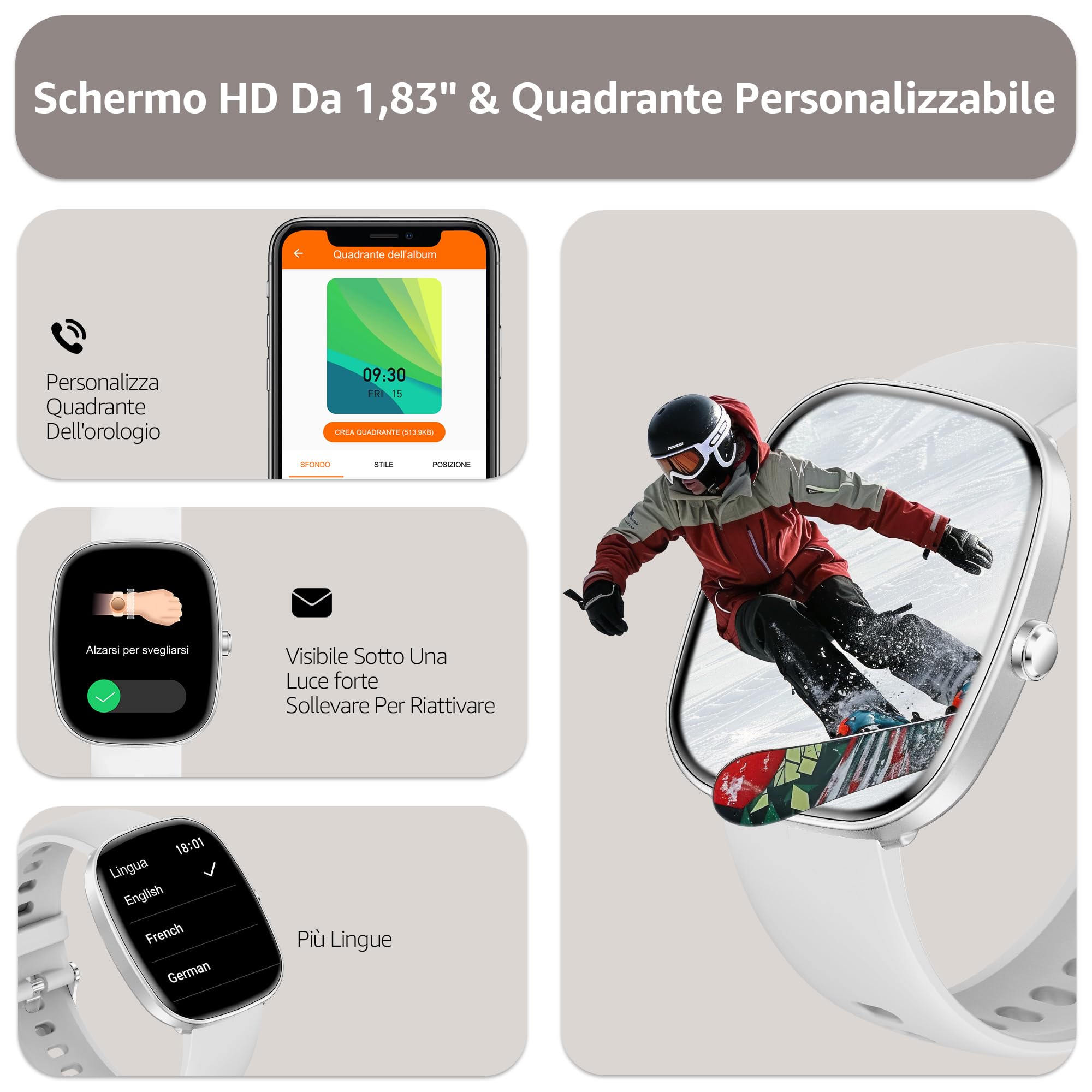 Smartwatch Uomo Donna (Rispondi/Effettua Chiamate), 1.83" Orologio Smartwatch con Contapassi/Sonno/SpO2/Cardiofrequenzimetro, 100+ Modalità Sportive, IP68 Impermeabile Fitness Tracker per iOS Android