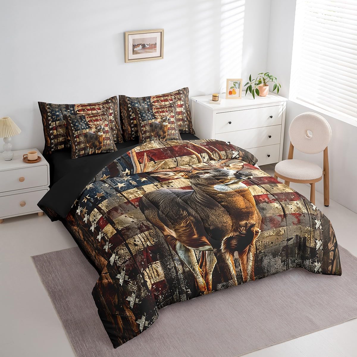 Feelyou Deer Hunting Comforter Set with Sheets American Flag 7 Piece Bedding Set Queen Size for Kids Boys Girls Wild Animal Deer Bed in a Bag Soft Down Bedding Comforters