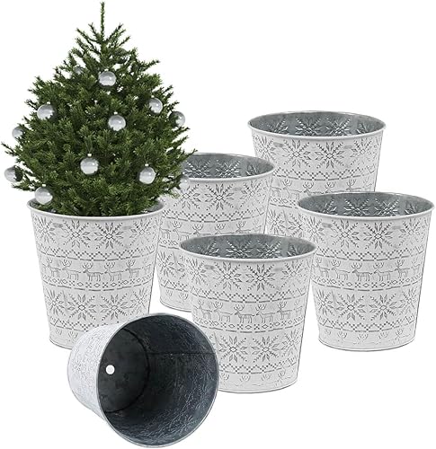 Cubos de metal galvanizado blanco de Navidad, 6 macetas rústicas de hojalata con orificio de drenaje y enchufe, regalo de Navidad, maceta vintage