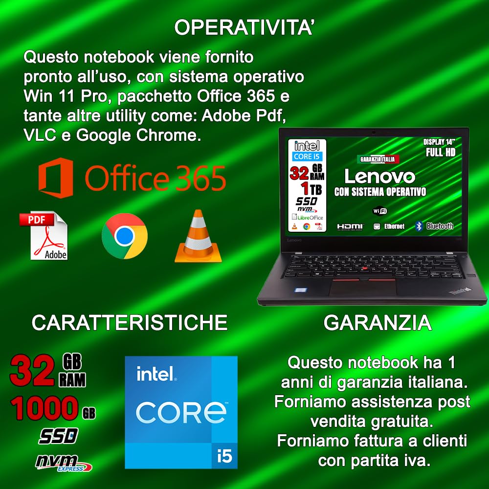 Lenovo GREEN EDITION, Pc portatile Intel Core i5 Pronto All'Uso office 365, Notebook Con Display HD da 14", Ram 32Gb, SSD 1Tb, Garanzia Italiana (Ricondizionato)