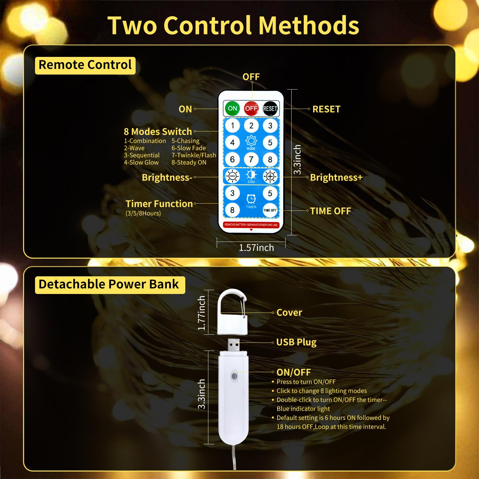 Bsgifts Guirnalda de luces recargables que funcionan con pilas, 33 pies, 100 luces LED con control remoto, impermeable, mini luces parpadeantes para dormitorio, Navidad, boda, decoración al aire libre