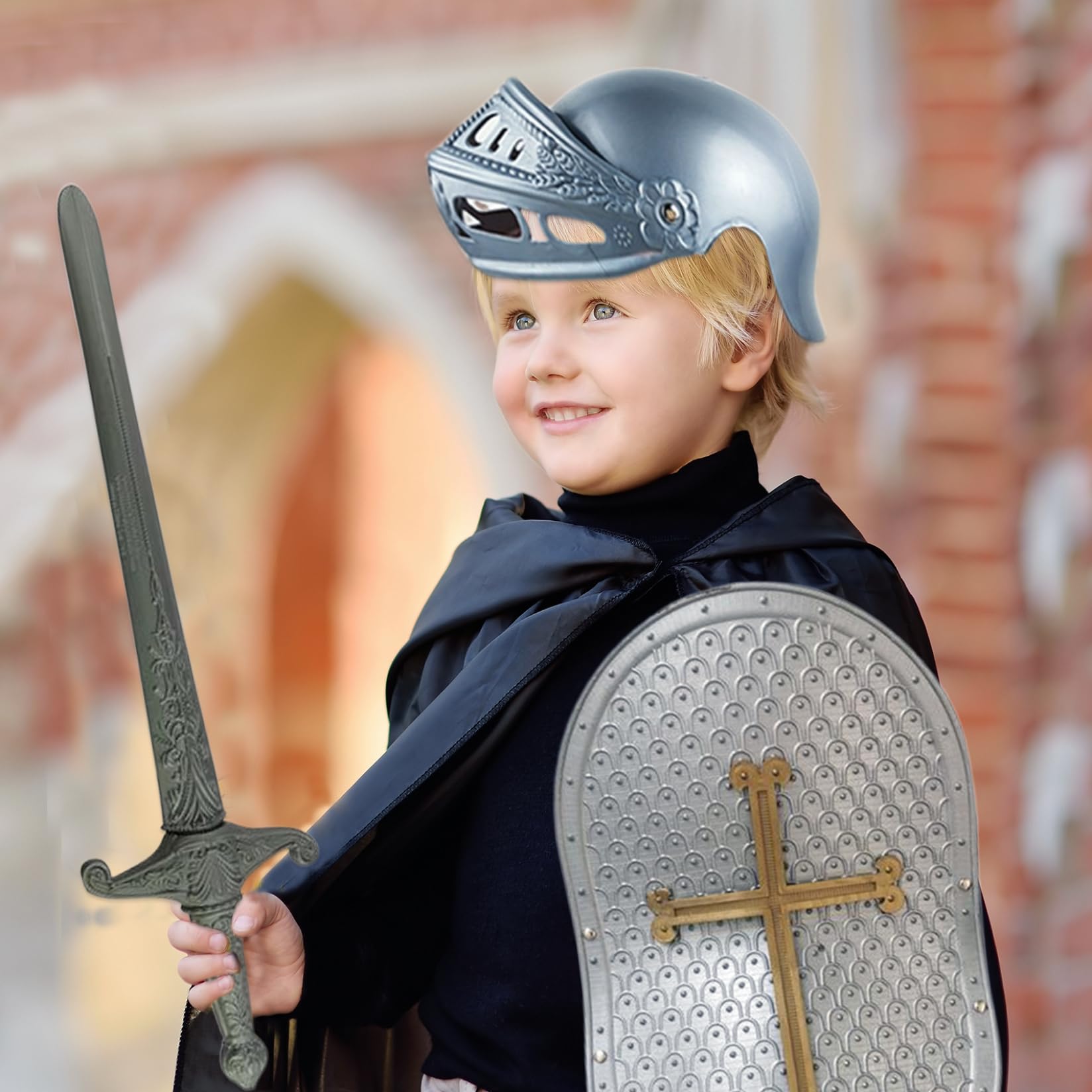 Ritterkostüm für Kinder, 4-teiliges Set mit Kreuzmuster, mittelalterliche Ritterrüstung, inklusive Helm, Schild, Schwert und Kinderkostümen für Rollenspiele, Cosplay, Halloween