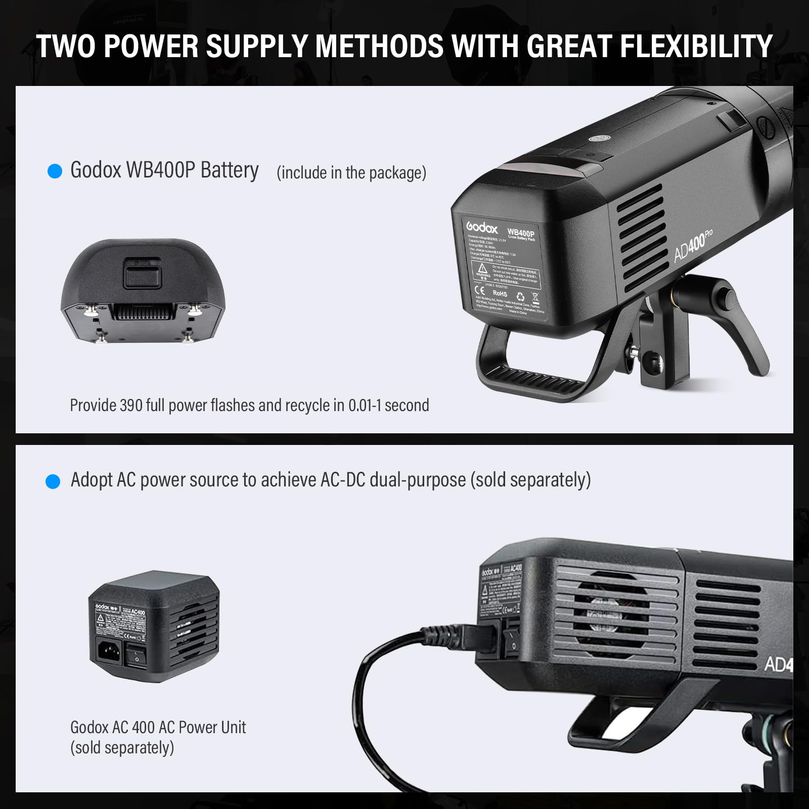 Godox AD400Pro 400W GN72 TTL 1/8000s HSS 2.4G X Sistema All-in-One Flash Speedlite Strobe Light, funzionamento a batteria, 390 Full Power Pops, Tempo di riciclaggio 0,01-1s