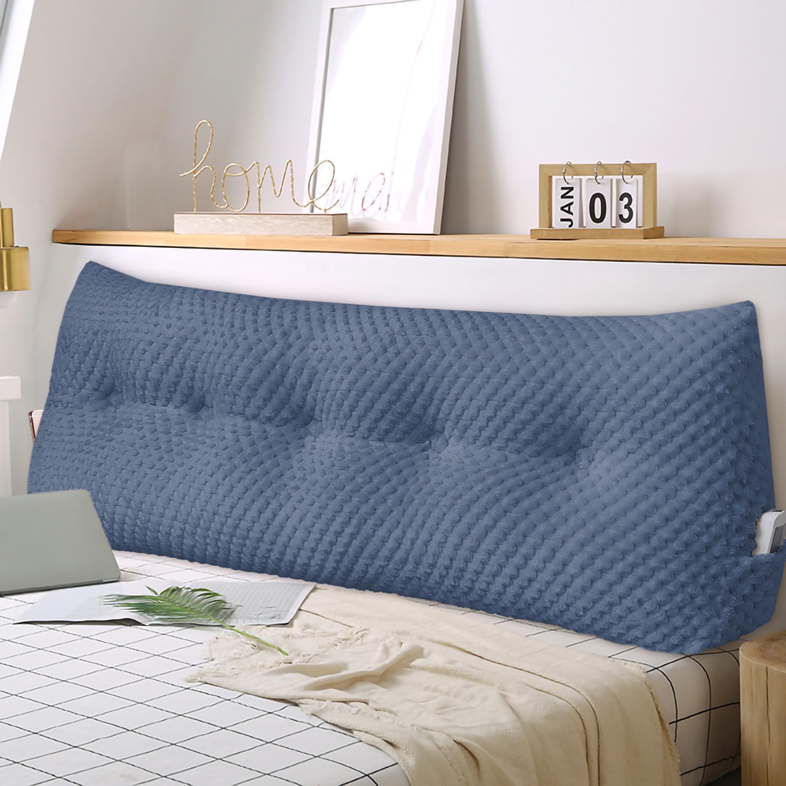 Cojín suave en cuña para cama, cojín grande para la espalda, cómodo y de apoyo, cojín de lectura, cojín lumbar para sofá y cama, cojín cervical con funda extraíble (azul marino-150 x 20 x 50 cm)