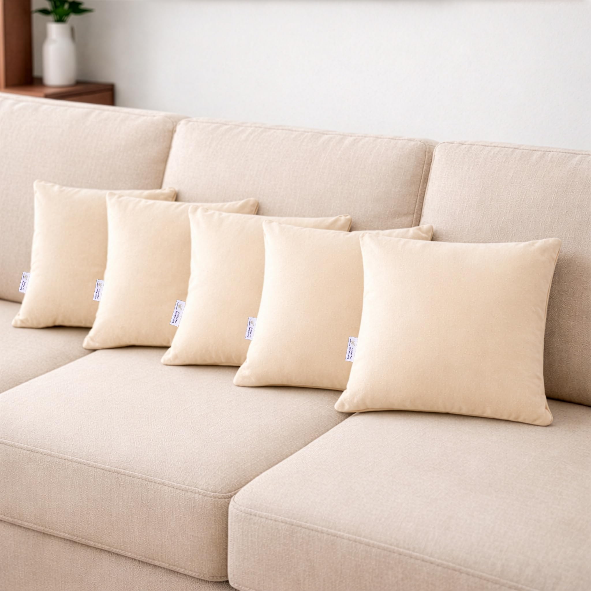 MY ARMOR Microfibre Cushion for Sofa | Set of 5 Soft & Fluffy Square Sofa Cushions | Decorative Sofa Pillows for Bed, Chair, Car & Living Room | Velvet Cover | Cream | 12 x 12 inch