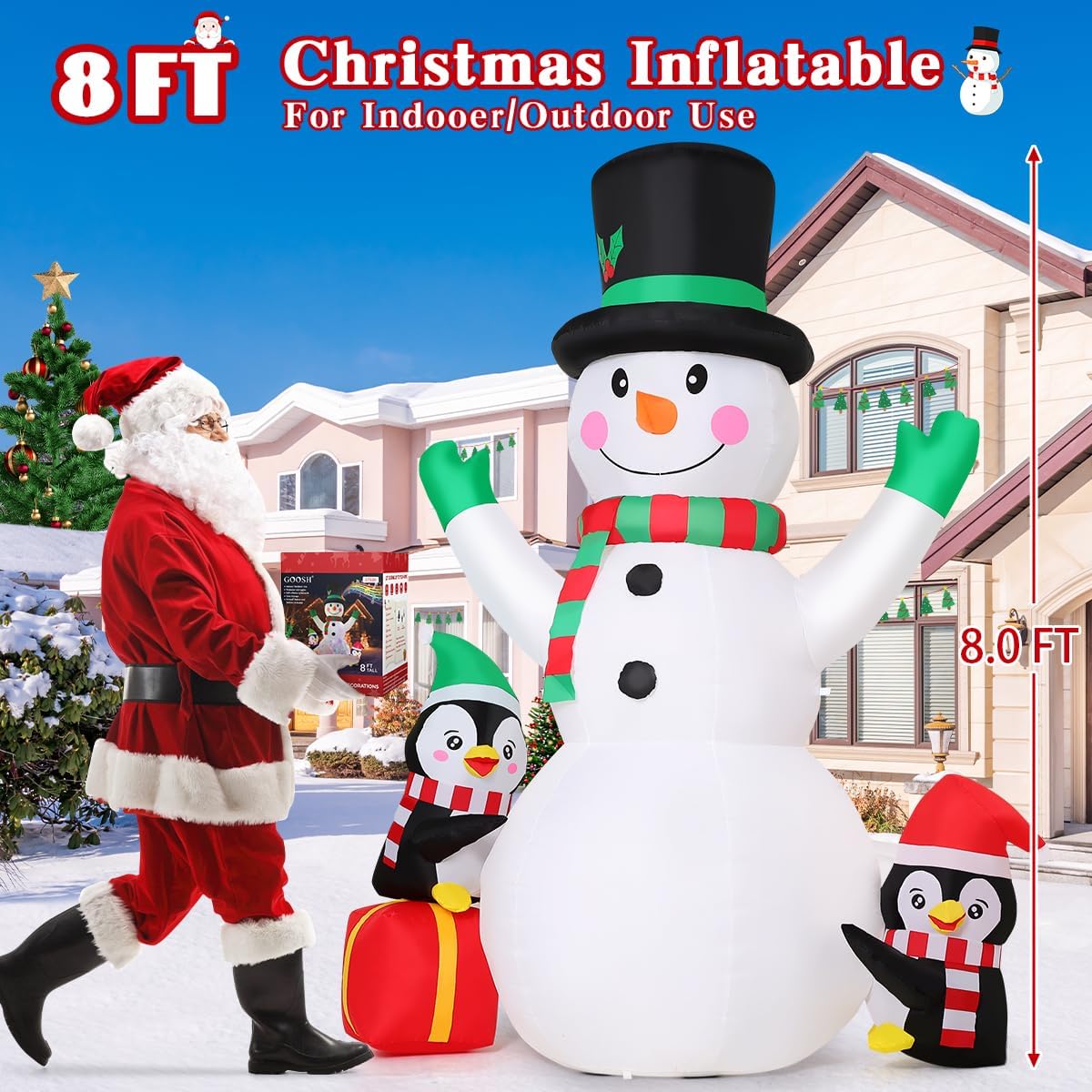 GOOSH 8 FT Christmas Inflatables Snowman Built-in Music Box & Rotating Colorful LED Lights, Christmas Inflatable Outdoor Decoration Blow Up for Holiday Party Xmas New Year
