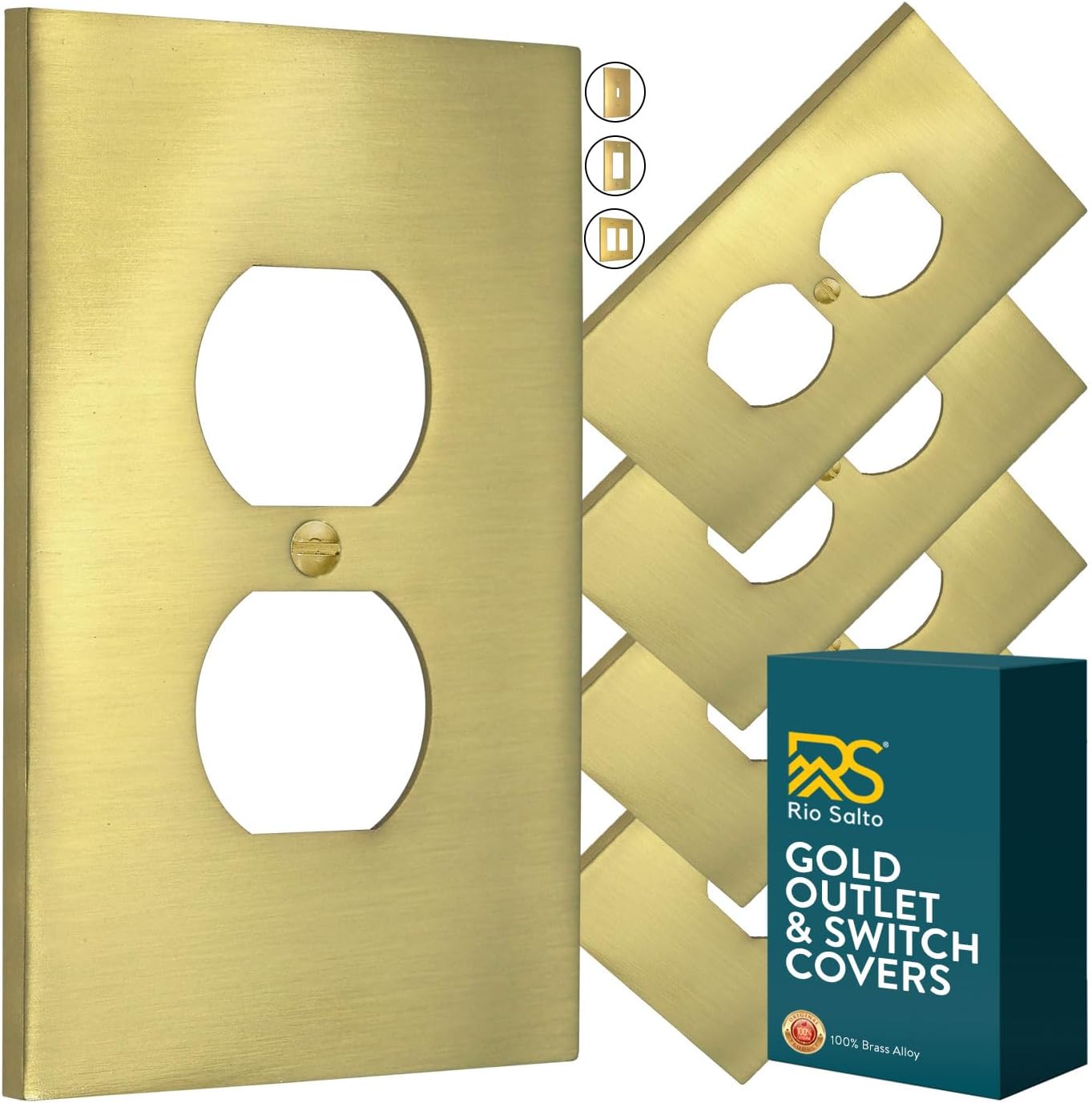 Rio Salto Modern Edge Metal Brass Gold Wall Outlet Cover Outlet Cover Duplex or Light Switch Plug Wall Plate Electric Outlet Covers Gold Receptacle Covers - Midsize 1 Gang 5-Pack