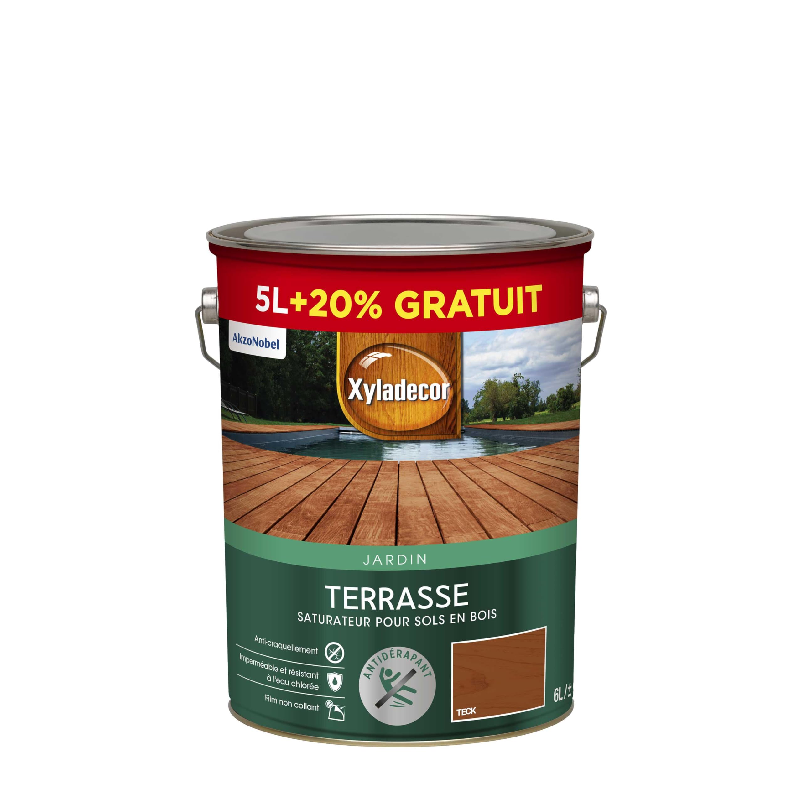 Xyladecor - Saturateur pour Sols Extérieurs en Bois - Terrasses, Abords de Piscine, Caillebotis - Antidérapant - Couleur : Mat Teck - Quantité : 5L + 20% gratuit