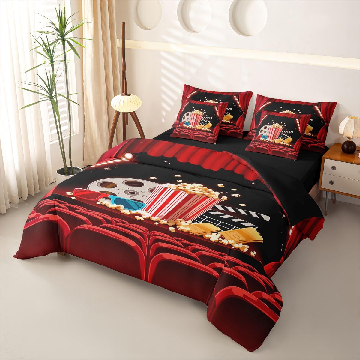 Loussiesd Set di biancheria da letto con copripiumino a tema cinema, 7 pezzi, super king size, stile cinema, per bambini, ragazzi e ragazze, stampa popcorn, decorazione per la stanza, morbida e