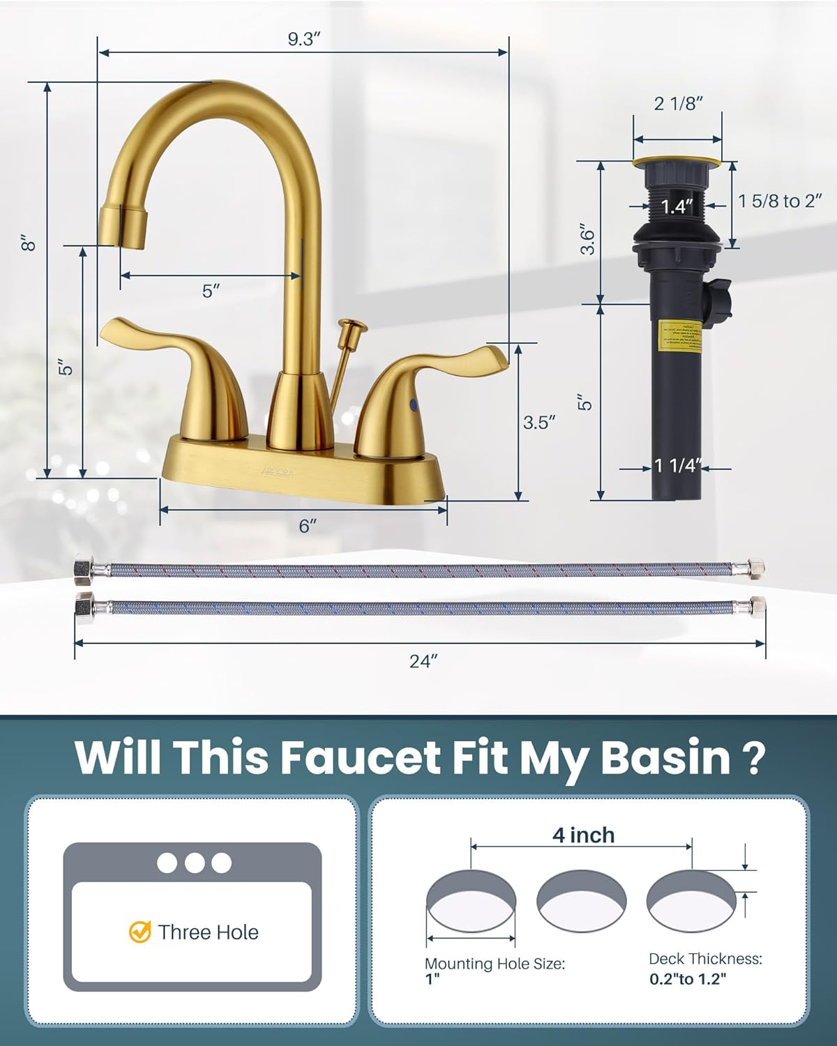 Brushed Gold Bathroom Faucet, ARCORA 4 inch Centerset Bathroom Faucet with Drain Assembly and Supply Lines
