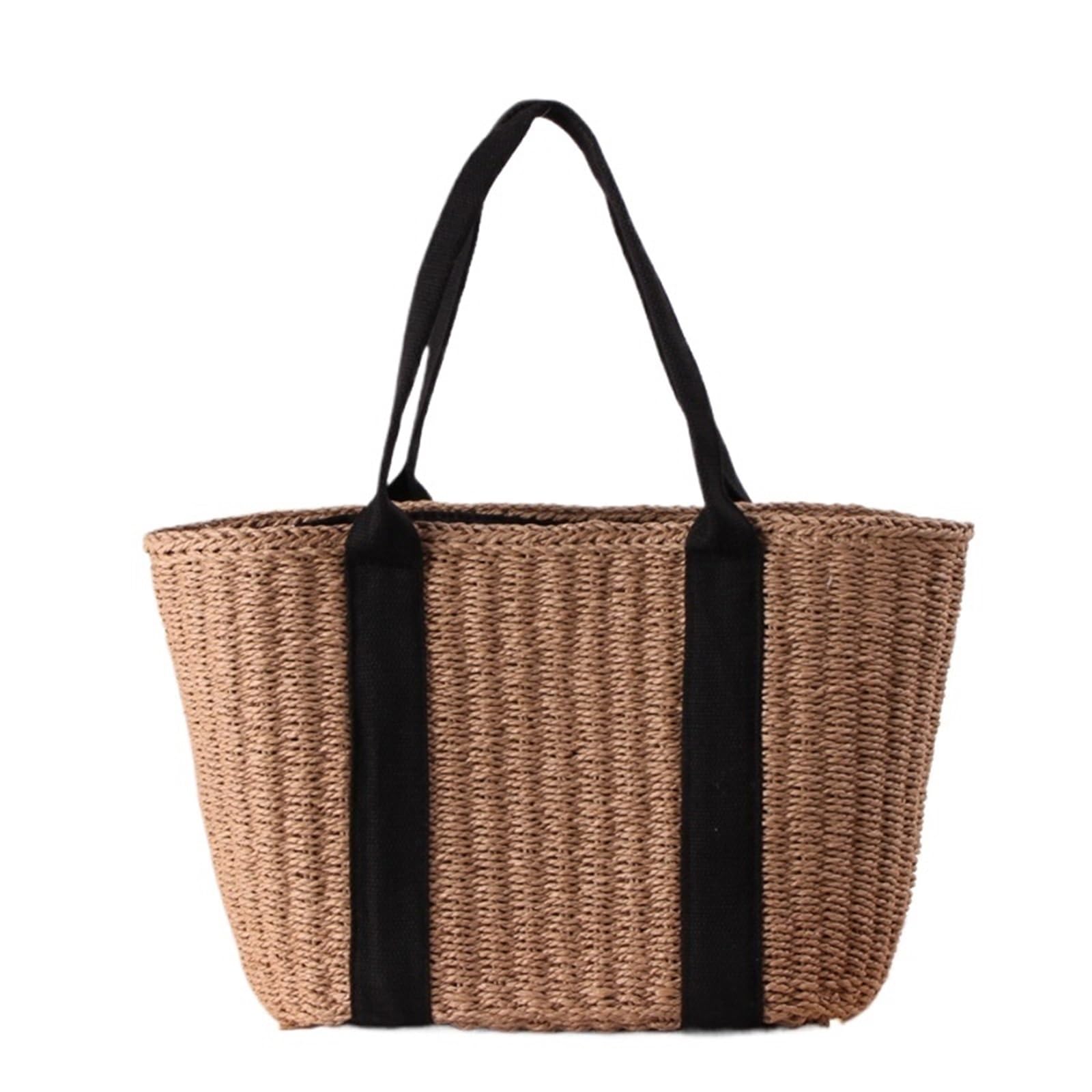 Strohtasche Stroh Frauen Einkaufstasche Rattan gewebt Handtaschen handgemachte Reise Shopper Schultertasche lässig Strandtasche(Beige)