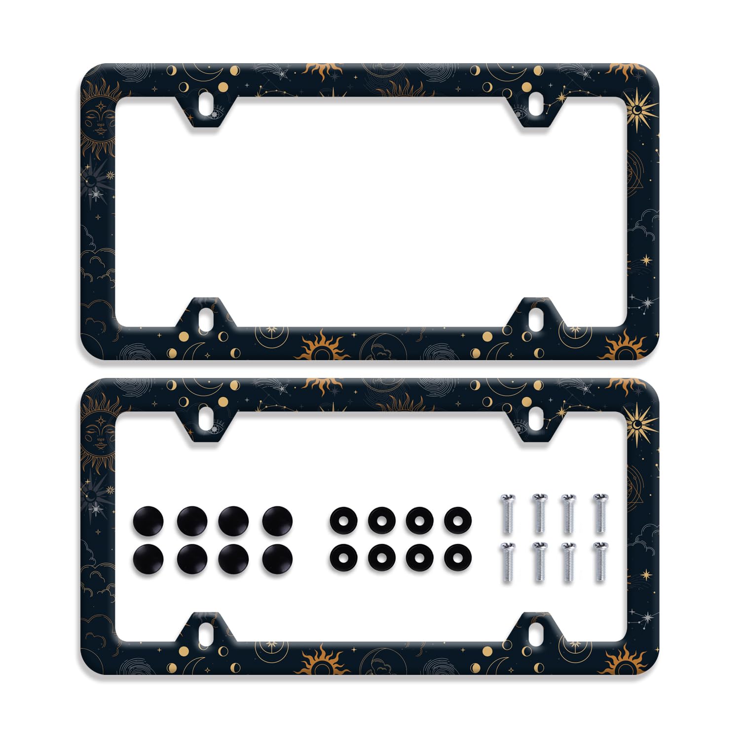 Photo 1 of ?2Pcs? Sun Moon Stars License Plate Frame Starry License Plate Frames Stainless Steel Accessories Cars Decor with 4 Holes and Screws Fits Standard US CA Vehicles Size 12.2 x 6 Inches
