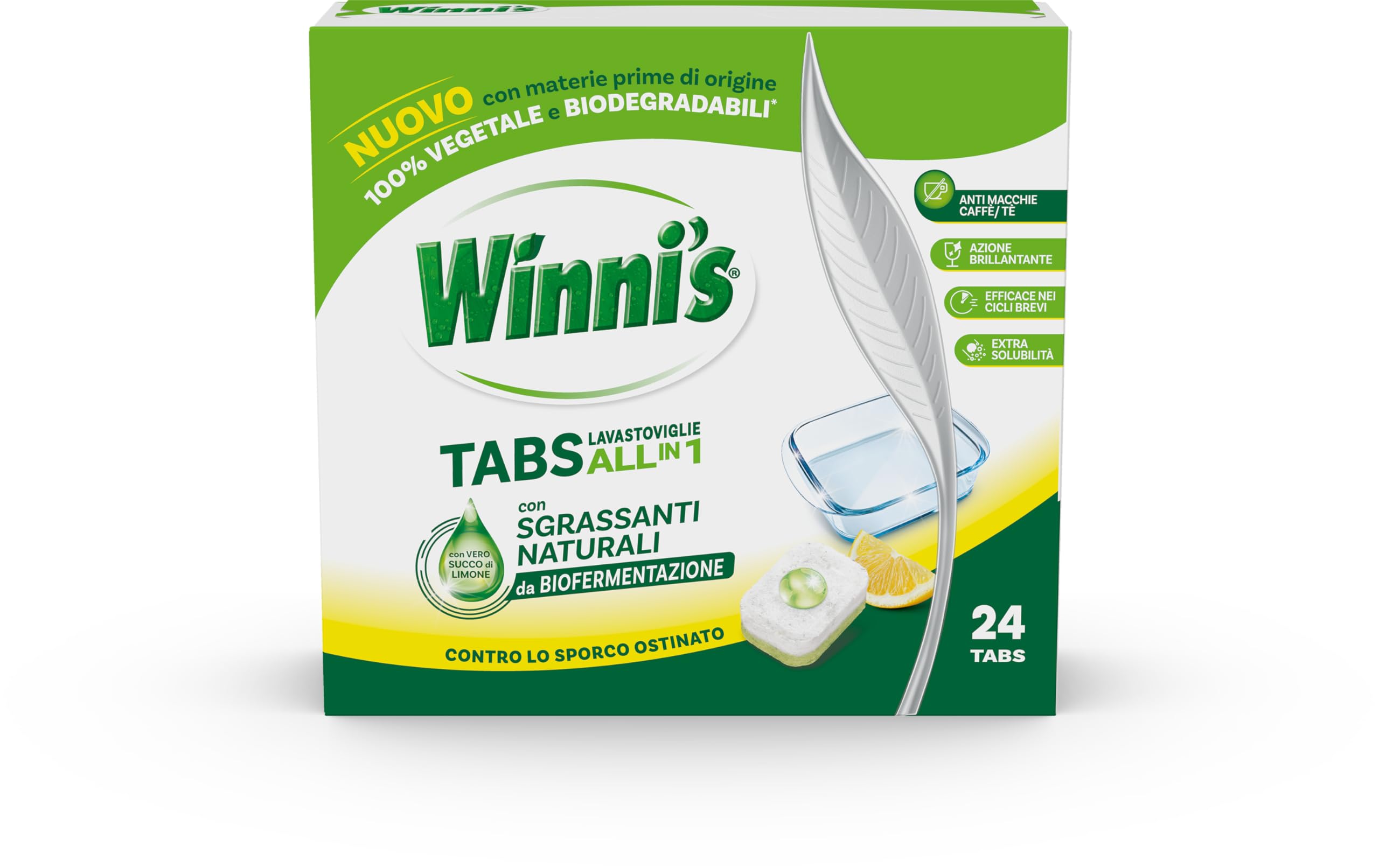 Winni's - Pastiglie per Lavastoviglie, 192 Tabs, Detersivo Multiazione Detergente, Sgrassante, Antiodore e Brillantante, Fragranza di Limone, con Materie Prime di Origine Vegetale, Confezione da 8