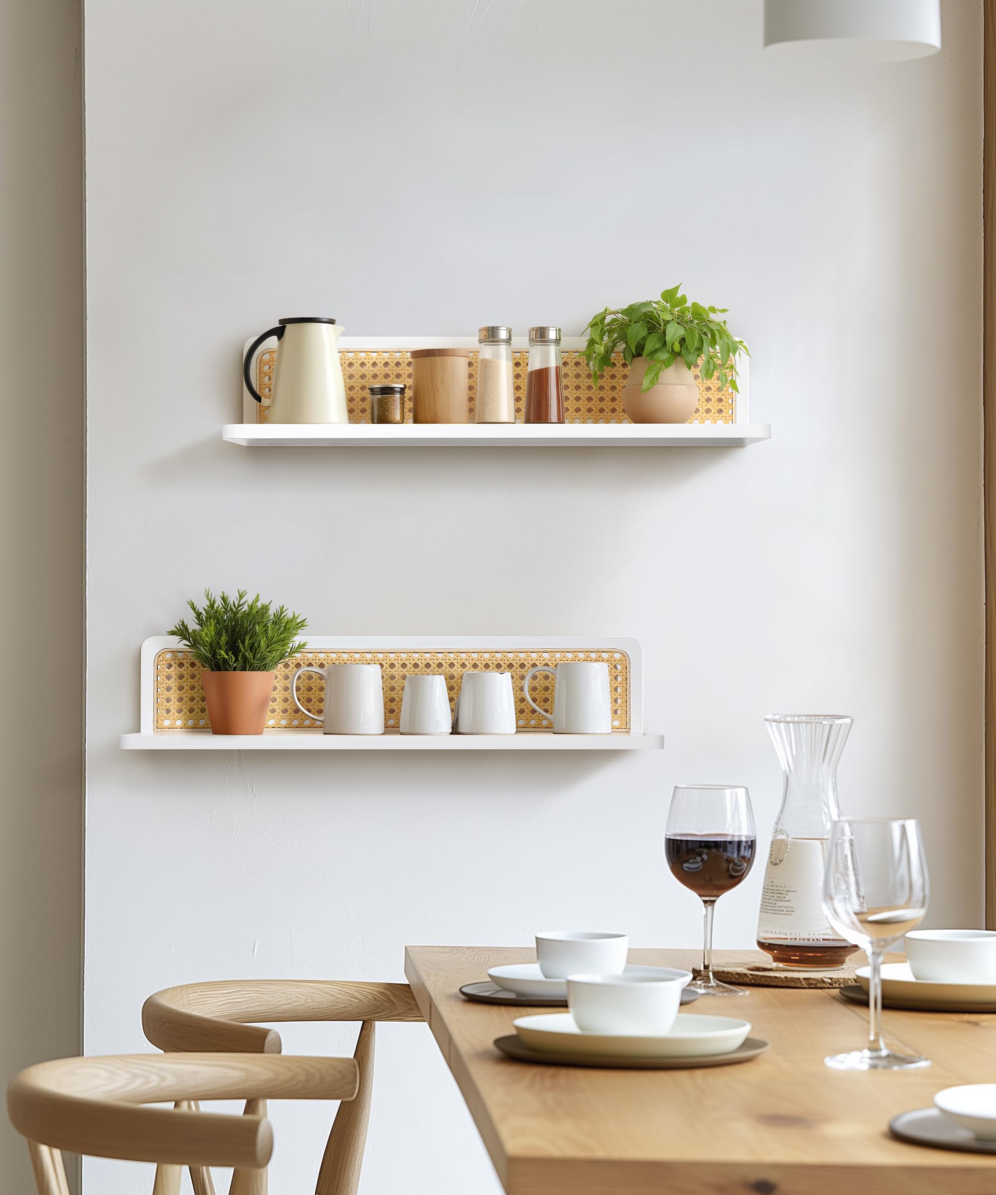 Estantería de Pared Larga Blanca, Balda Madera con Frente de Ratán | 60cm Estanteria Madera Juego de 2, Repisa, Almacenaje, Decoración, Balda Flotante para Fotos, Plantas, para Salón, Dormitorio