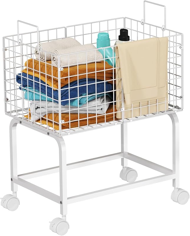 Laundry Basket with Wheels,80L Wire Rolling Laundry Basket with Pull Handle,White High Laundry Cart for Laundry Room,Bathroom,Bedroom-White(23.6 * 15.75 * 28inch)