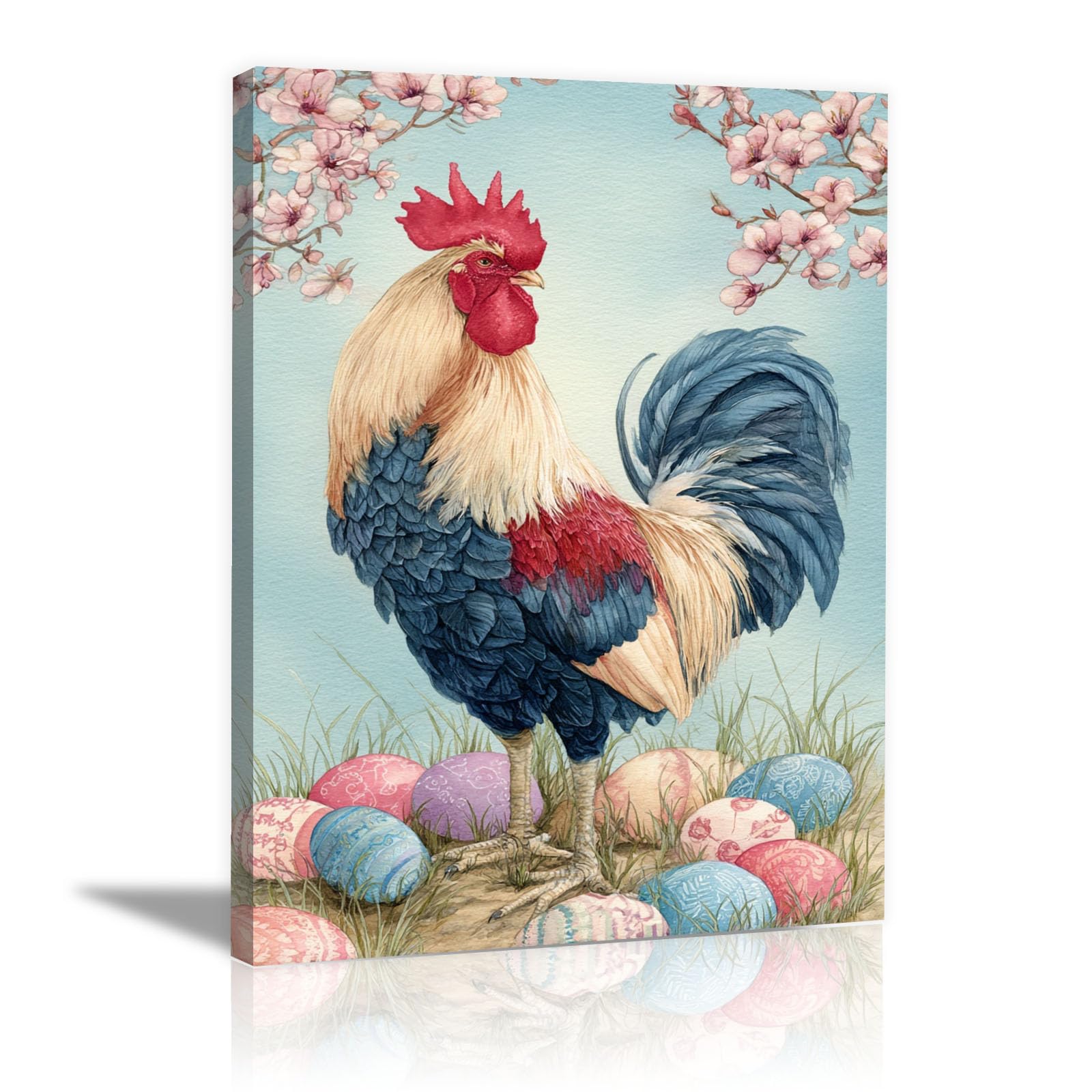 TERUEA Funny Pictures for Bathroom Walls, Wall Art Poster Watercolour Rooster Blossom Easter Egg Floral Wall Art Prints, for Toilet Bathrooms Decor,(Blue)-70x100cm Framed