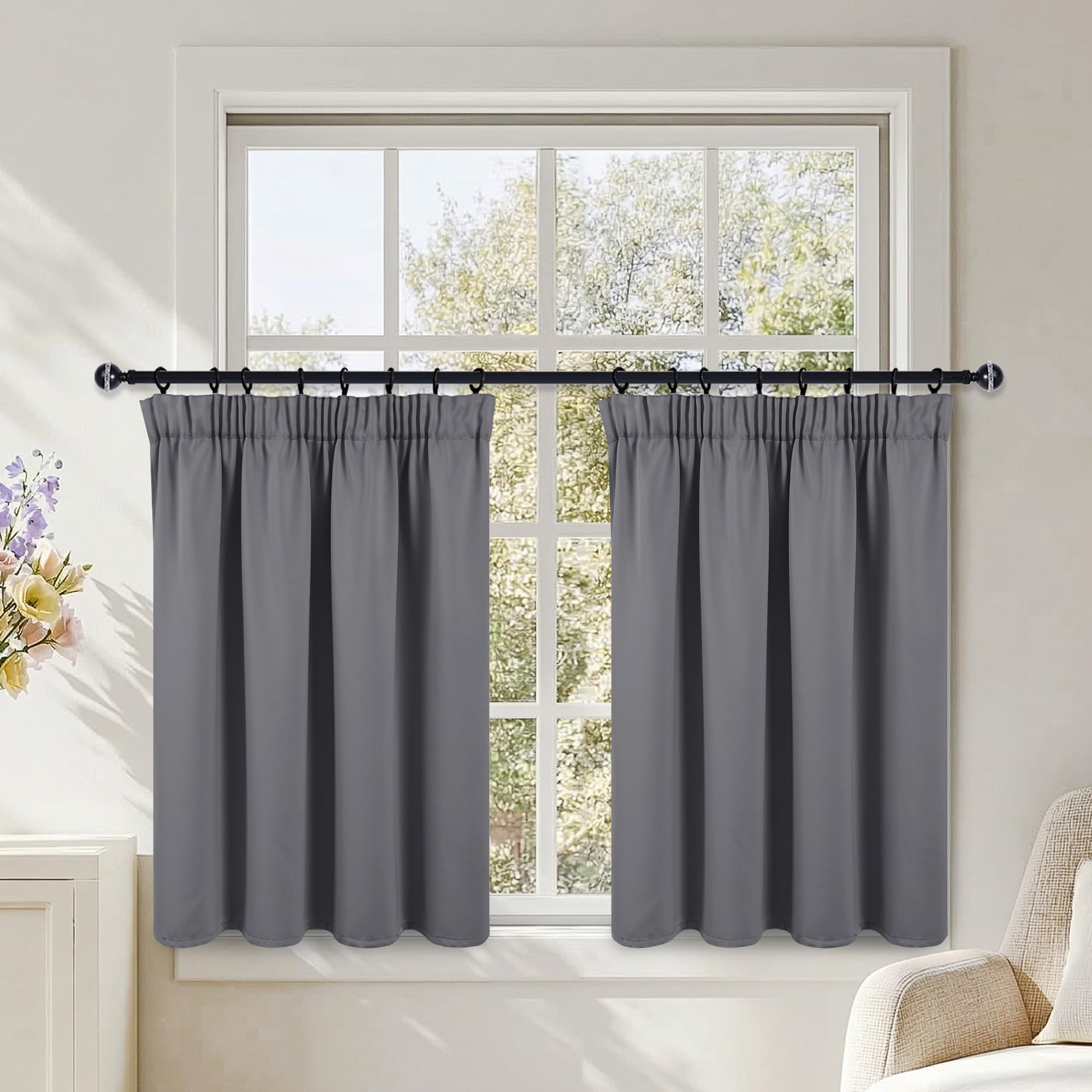 DWCN Pencil Pleat Thermal Blackout Curtains Grey Drapes W36 X L40 Inch-Light Blocking Window Treatments Decoration for Bedroom, Basements, Caravan, Kitchen, Elegant Short Valance Panels 2 Panels โ image 1