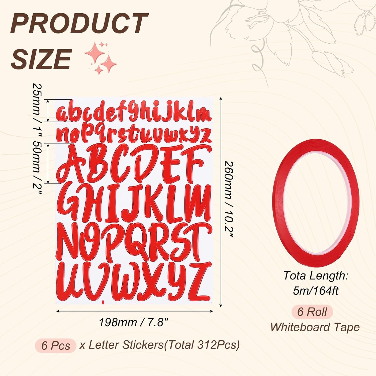 PATIKIL 312Pcs 2+1" Red Letter Stickers with 6 Roll 1/8" 164ft Whiteboard Tape, Self Adhesive Waterproof Alphabet Stickers Pinstripe Tape for Mailbox Scrapbook Sign, Style1, Red Black