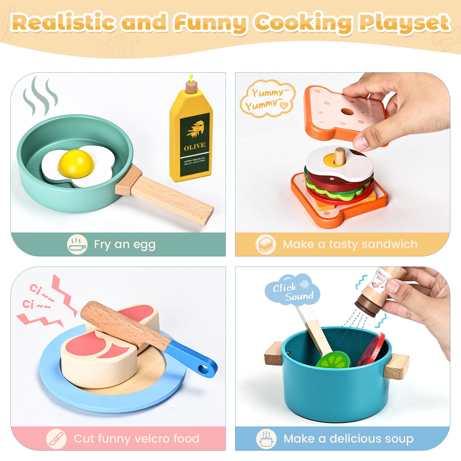 35 piezas de accesorios de cocina de madera, juguetes de cocina de juego de simulación para niños pequeños, juego de cocina de madera, juego de cocina, ollas y sartenes, regalos para niñas y niños de 4