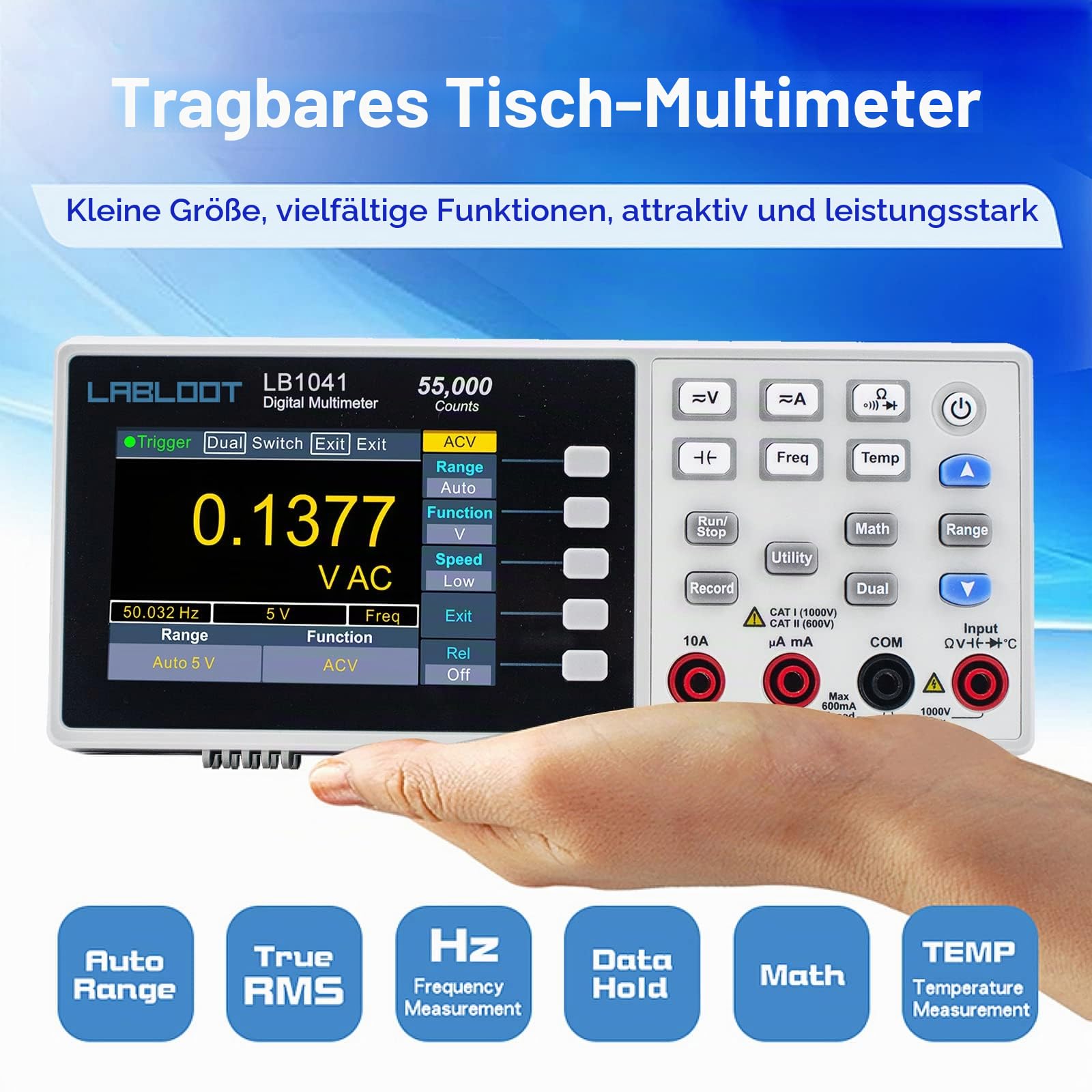 LB1041 USB Digitales Multimeter, 3,7 Zoll LCD-Bildschirm, 55000 Counts True RMS Temperatur Mini Desktop Meter