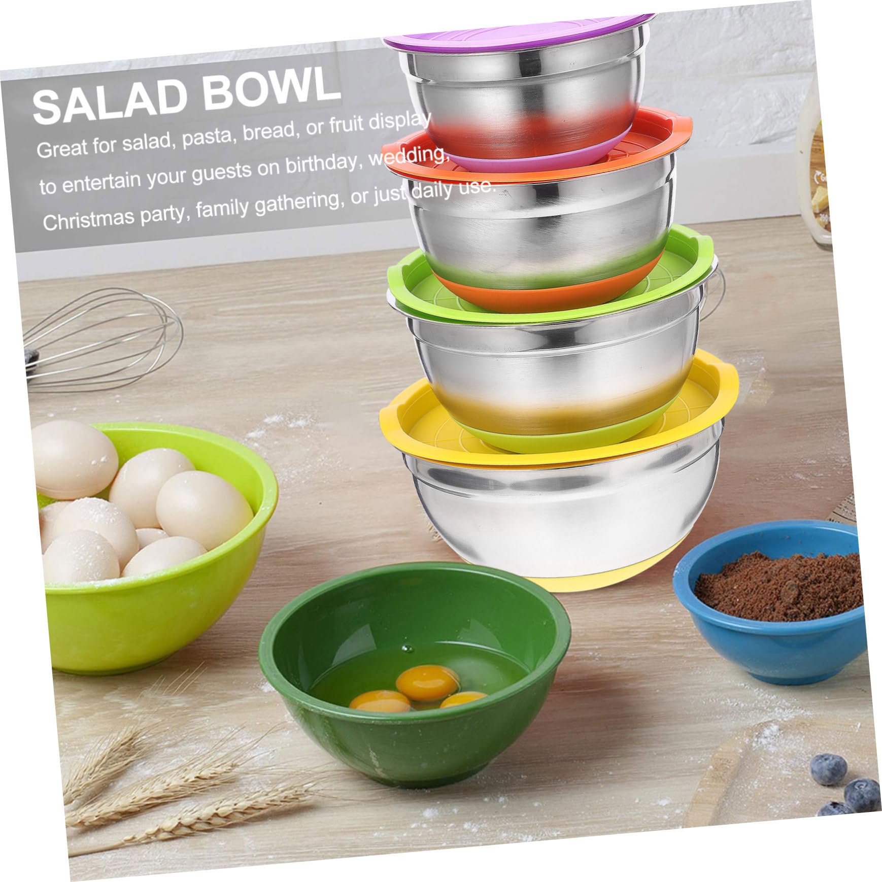 4piezas Tazones Inoxidable Antideslizantes Base Para Ensaladas y Almacenamiento De Frutas Mezclados Para Cocina y Hornear