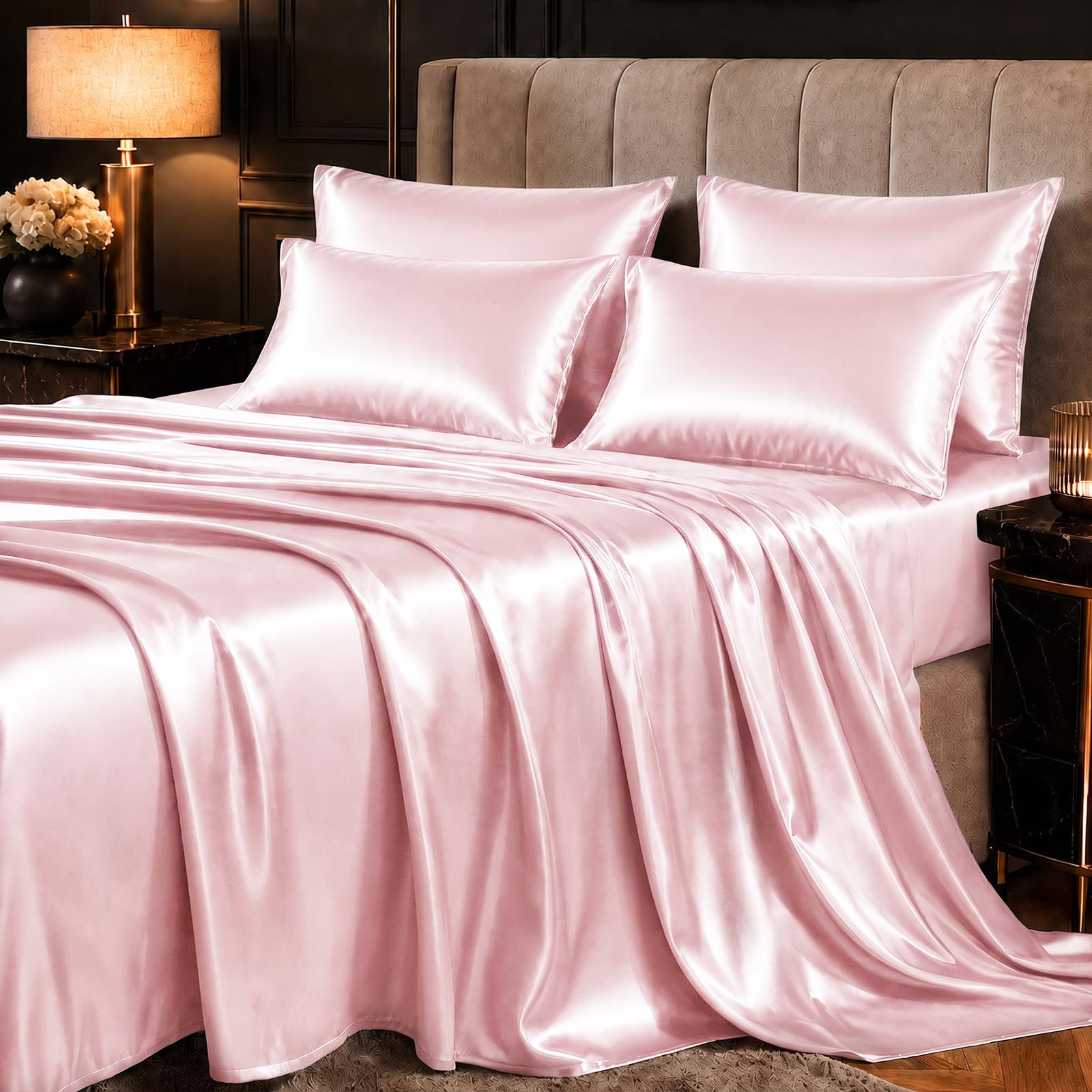 CozyLux Satin Sheets Full, 6-Piece 14-Inch Deep Pocket Sheet Set