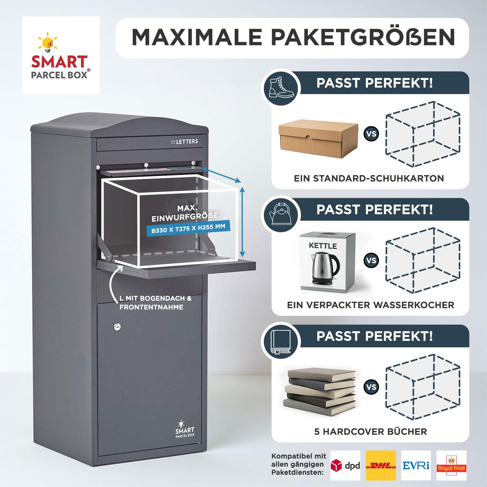 Smart Parcel Box Paketbox L mit Bogendach - Paketbriefkasten, grau | Standbriefkasten mit Paketfach, Paketbox draußen wetterfest, Front-Entnahme, verzinkter Stahl, rostfrei, pulverbeschichtet