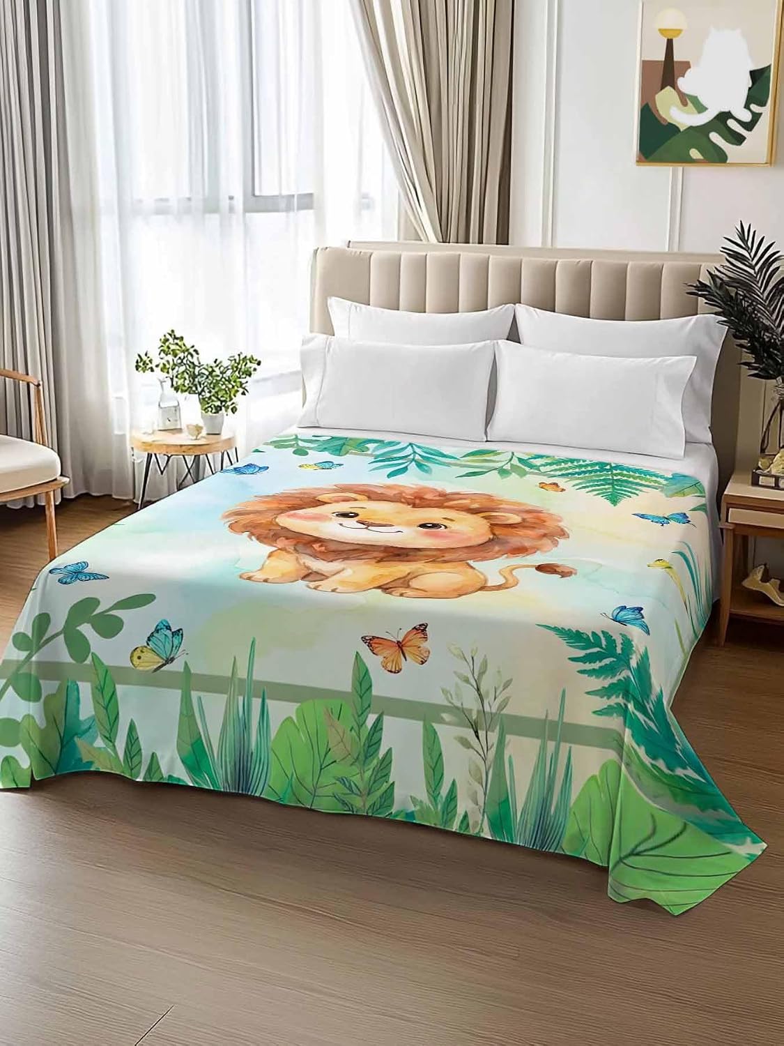 Full Flat Sheet, Cartoon Lion Full Bed Sheets Only, Soft Microfiber Flat Sheet, Summer Butterfly Flowers Tropical Palm Plants Hotel Quality Bedding Top Sheet Bedroom Home Dorm Decor