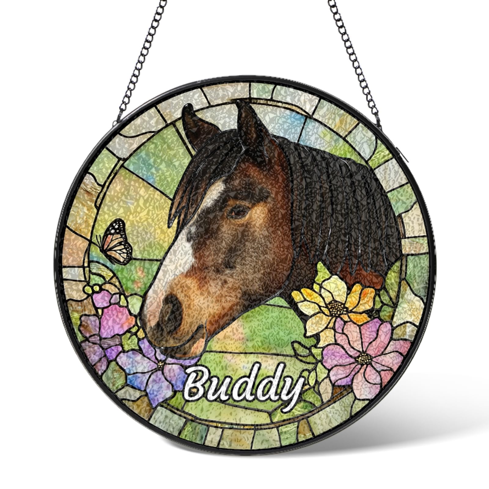 Personalized Pet Stained Glass Suncatcher Window Hanging,Custom Horse Memorial Sun Catcher for Garden Kitchen Patio,Customized Sympathy Bereavement Potrait Name Gift for Loss of Pets,Remembrance Gifts