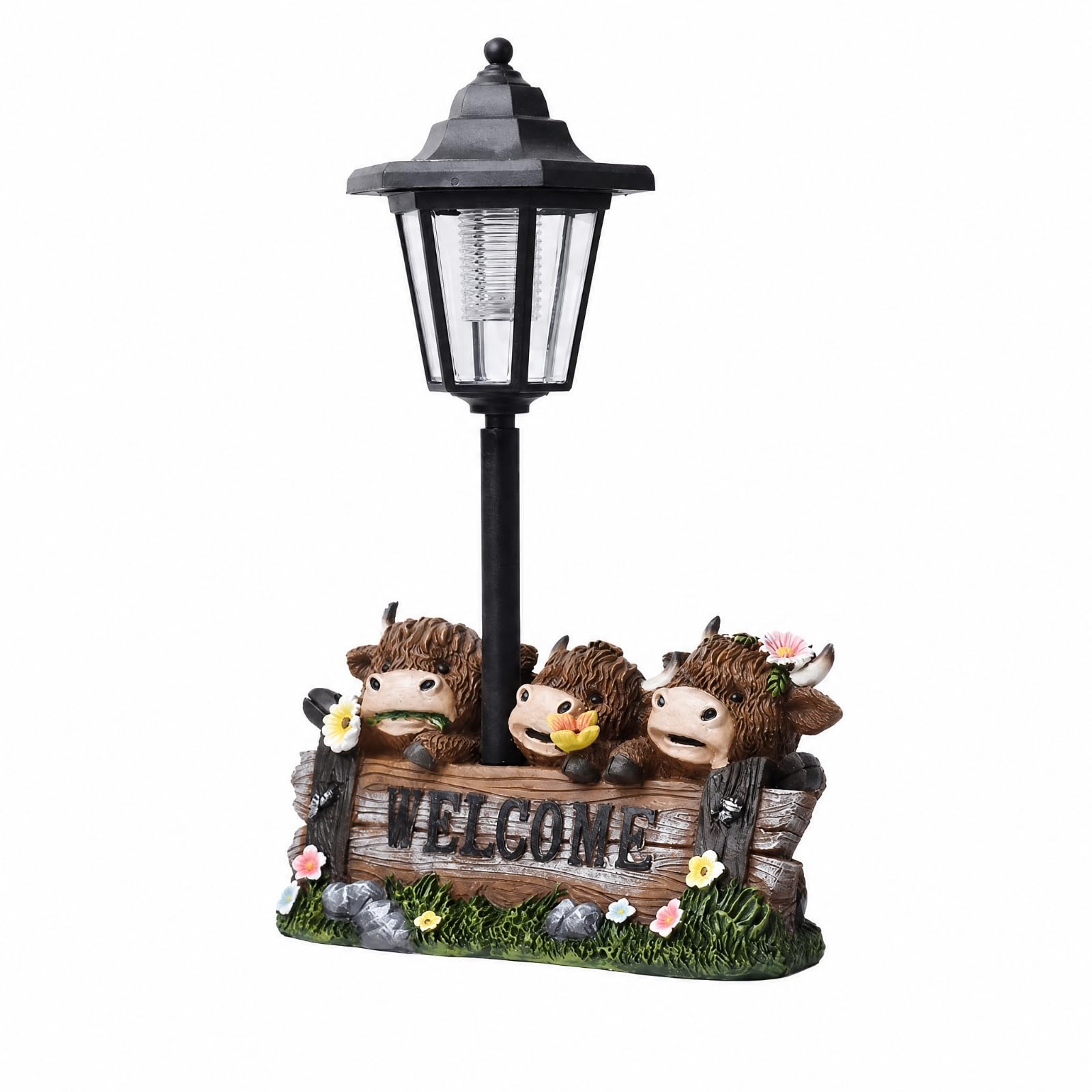 Decorazione con Mucca delle Dipinta a Mano e Luce Solare Lanterna Autoportante Statua da Giardino Rustica per Aiuole, Mucca di Benvenuto