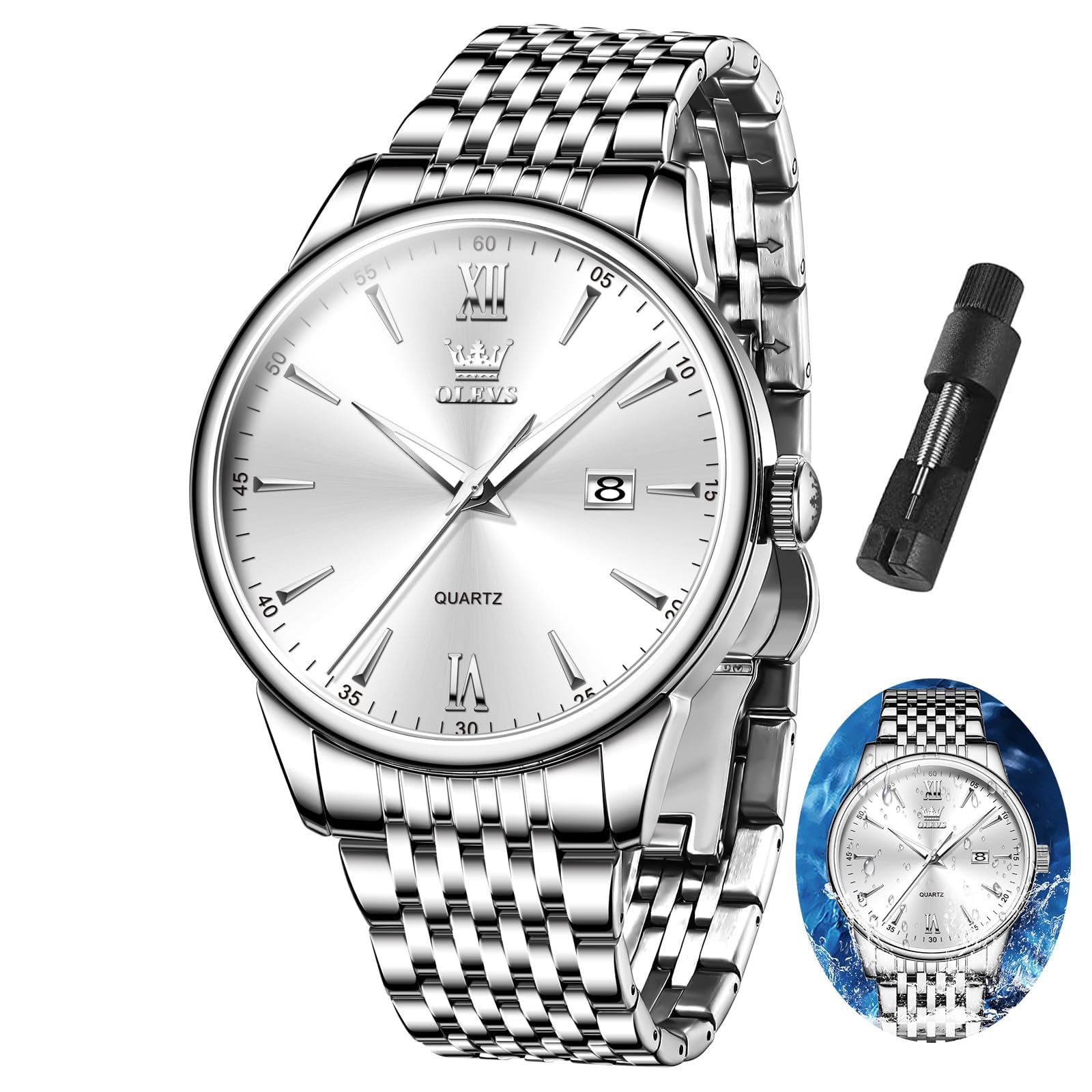 OLEVS Metallarmband Uhren Herren mit Datum Lässiger Großes Zifferblatt Herrenuhren Leuchtende Klassisch Quarz Analog Armbanduhr Damen Edelstahl Geschenke für Männer